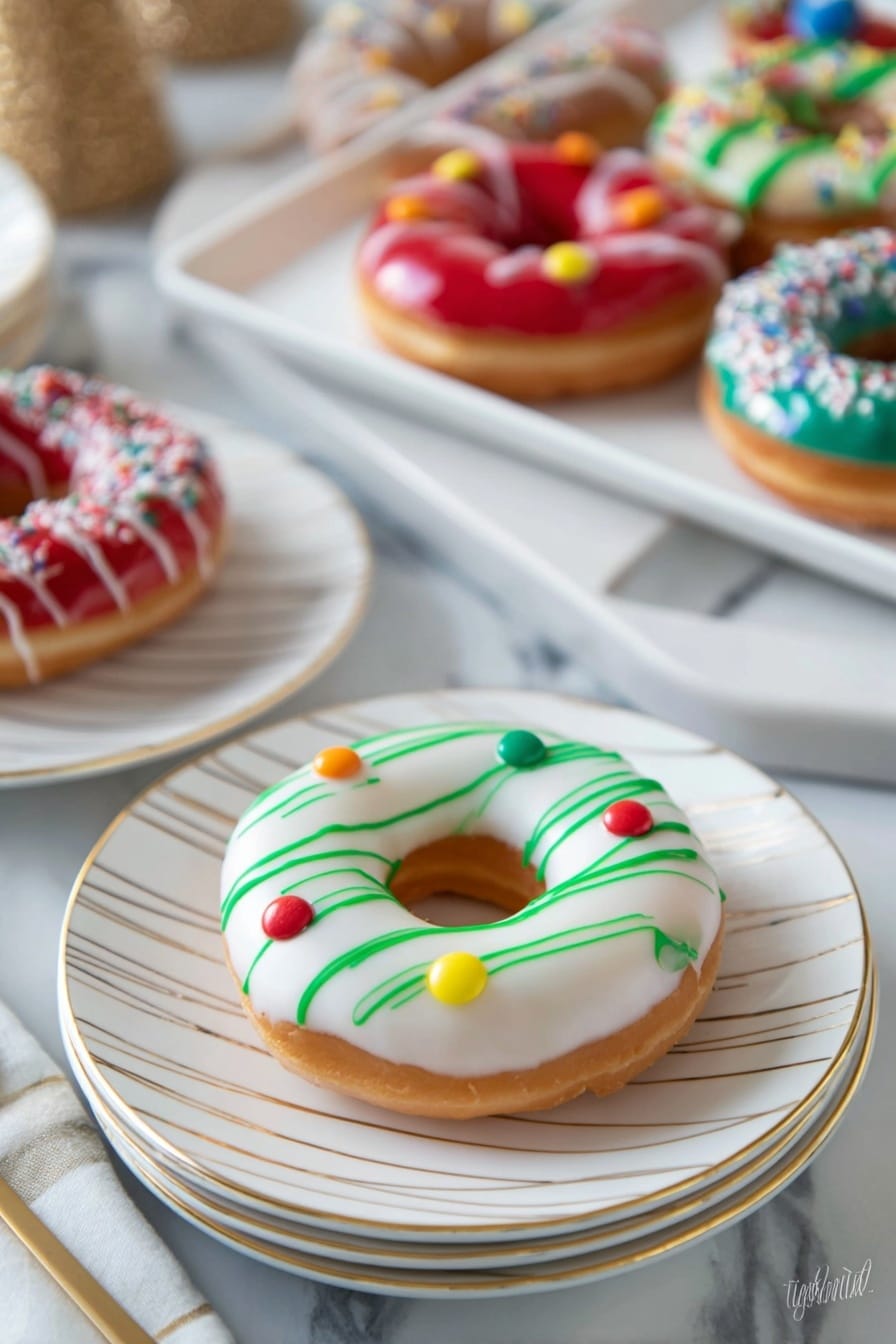 The image shows a white round donut on a white plate with thin gold stripes. The donut has a smooth white icing layer covering the top and is decorated with thin green icing lines in a swirling pattern, resembling a string of holiday lights. Small round candy pieces in bright colors like yellow, orange, red, and blue are placed along the green icing, looking like light bulbs. In the background, there are other donuts with different colorful icings and designs placed on a white rectangular tray and a stack of white plates on a white marbled surface. Photo taken with an iphone --ar 2:3 --v 7 - Festive Christmas Donuts with Glazes, holiday donuts recipe, Christmas breakfast ideas, easy holiday donuts, colorful holiday treats