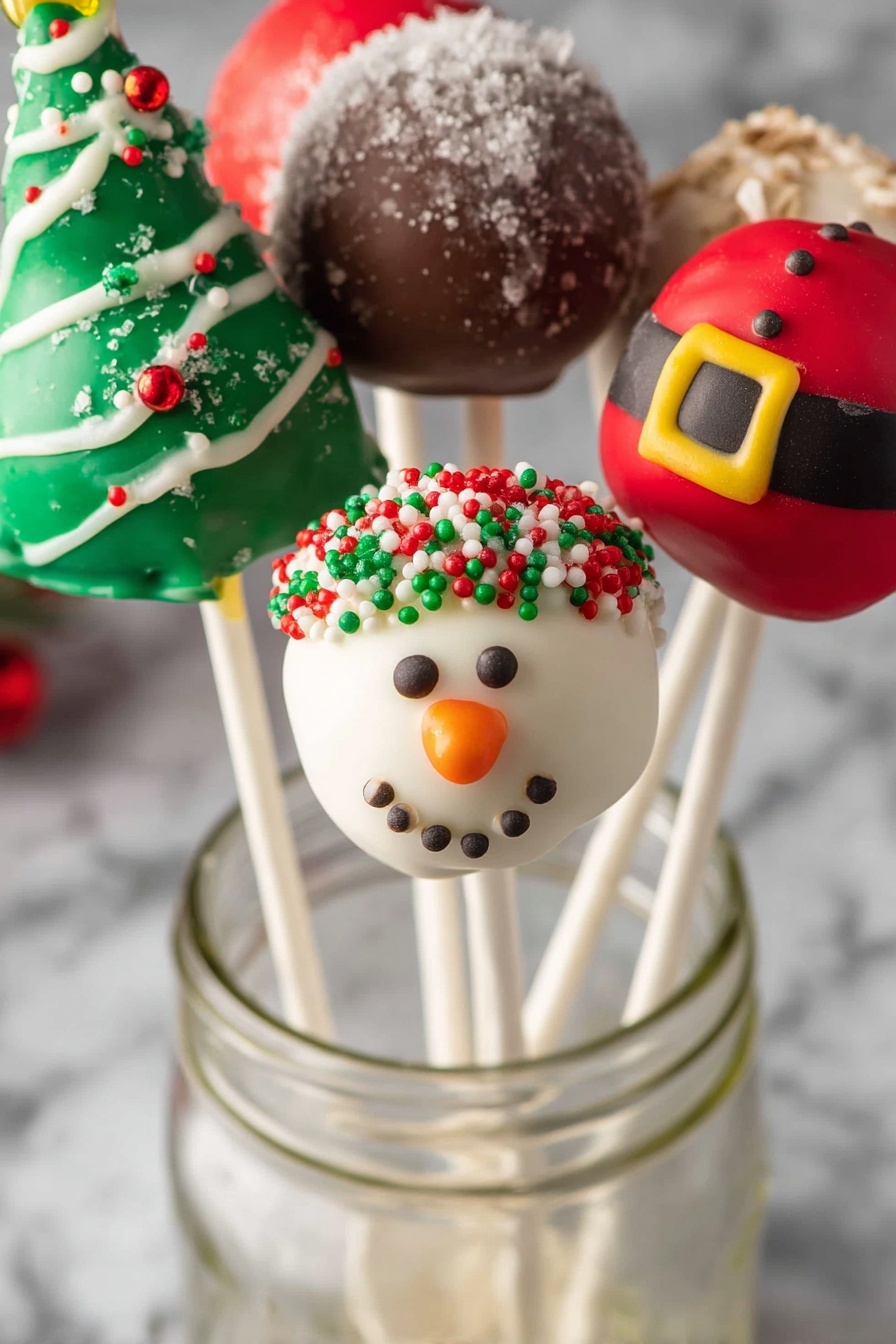 A close-up of five Christmas-themed cake pops held upright in a clear glass jar on a white marbled surface. The center cake pop is covered in smooth white coating with a colorful sprinkle hat made of red, green, and white small balls topped with a shiny green candy, with black dots for eyes and mouth, and an orange candy nose, making a snowman face. To the right, a red cake pop has a black belt with a yellow buckle made from icing, resembling Santa's outfit. Behind the snowman, a green cake pop shaped like a Christmas tree is decorated with white icing garlands and red, green, and white small balls like ornaments. The other pops are partially visible with festive colors and round shapes, including dark brown with a red nose and white with sparkling sugar crystals. The white sticks hold all cake pops inside the jar. Photo taken with an iphone --ar 2:3 --v 7 - Christmas Cake Pops, holiday cake pops, festive dessert treats, easy Christmas treats, bite-sized holiday desserts