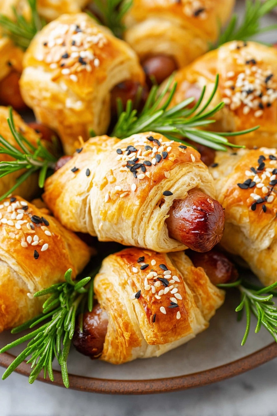 The image shows several small sausages wrapped in golden brown, flaky pastry, each sprinkled with white and black sesame seeds. The pastries are arranged closely together on a round white plate, with fresh green rosemary sprigs placed in between and around them, adding a touch of freshness and color contrast. The plate sits on a white marbled surface that brightens the overall look. The pastry layers have a crispy texture with some visible baked ridges, and the sausages peek out slightly from one end of each roll, showing a shiny, smooth brown surface. Photo taken with an iphone --ar 2:3 --v 7 - Pigs in a Blanket Wreath, festive appetizer, holiday party snacks, easy Christmas appetizer, savory finger foods