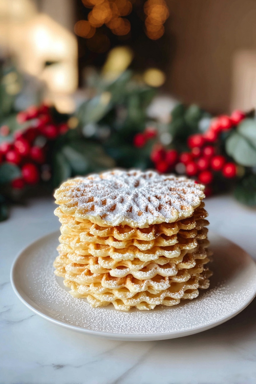 A stack of about twelve thin, round waffles with a light golden color is placed on a white plate. Each waffle has a waffle pattern with scalloped edges and is dusted lightly with white powdered sugar, especially on the top piece. The plate rests on a white marble surface with soft lighting that gives a cozy feel. In the background, there is a blurred bunch of green leaves with bright red berries, adding a festive touch. A woman's hand is not visible but implied nearby. photo taken with an iphone --ar 2:3 --v 7 - Easy Italian Pizzelle Cookies, pizzelle cookies recipe, authentic Italian pizzelle, how to make pizzelle cookies, Italian cookie recipes