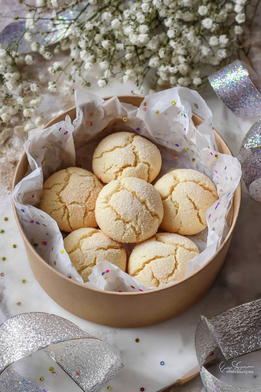 There is a round, light brown cardboard box filled with seven pale yellow cookies that have a cracked surface and a coating of sugar, placed on white tissue paper with small colorful dots inside the box. The box is set on a white marbled surface decorated with delicate white baby's breath flowers and shiny silver and holographic ribbons. The overall scene feels soft and festive with a light natural color theme. photo taken with an iphone --ar 2:3 --v 7 - Soft Amaretti Cookies, Italian almond cookies, easy amaretti cookie recipe, chewy amaretti cookies, homemade amaretti treats