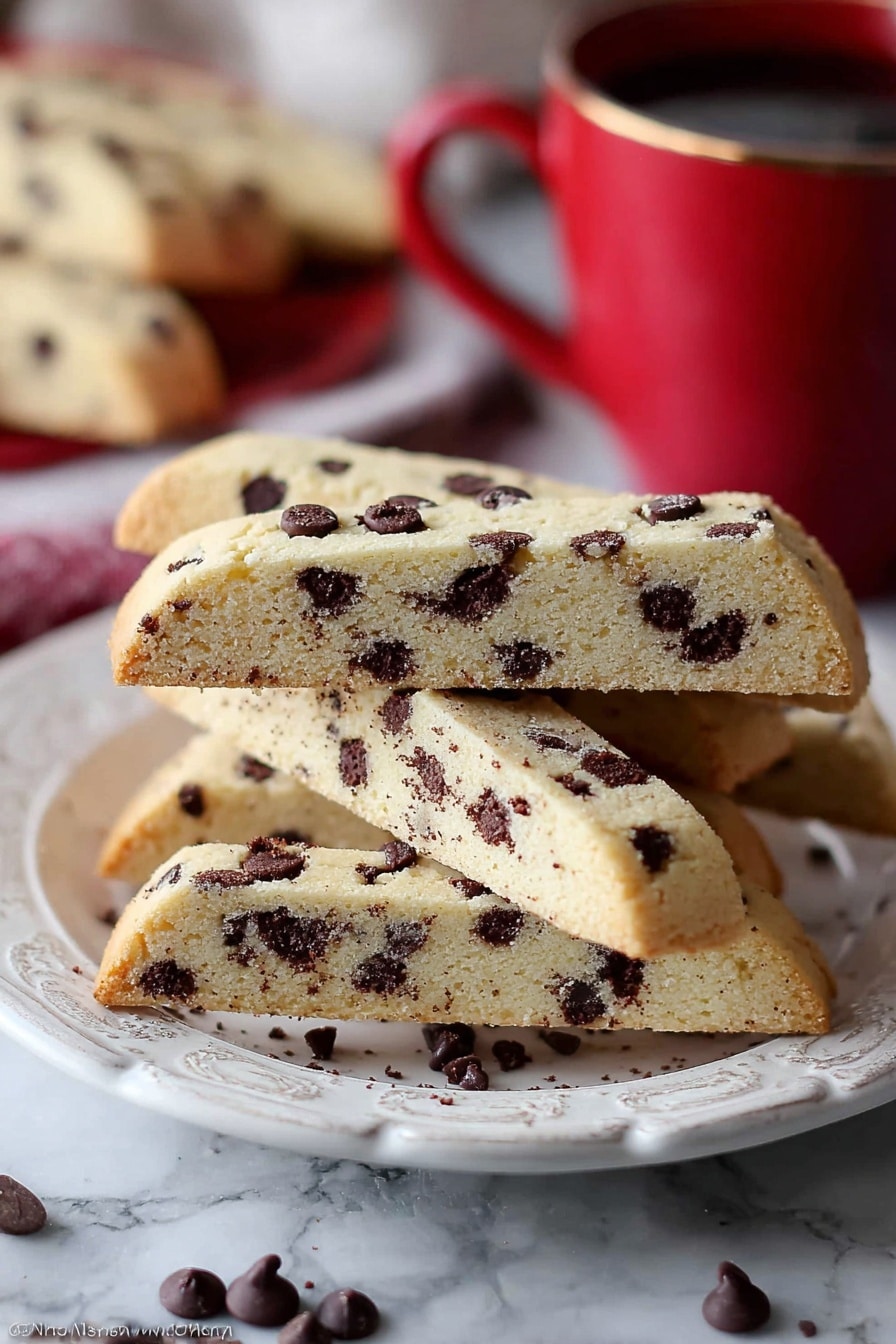 A white plate holds a stack of triangular, light golden cookies dotted with many dark chocolate chips. The cookies have a crisp texture, with some crumbs visible on top and around the plate. Behind the plate, there is a red mug and a soft white marbled surface underneath. A few chocolate chips are scattered near the plate, adding to the cozy scene. photo taken with an iphone --ar 2:3 --v 7 - Chocolate Chip Biscotti, Biscotti recipe with chocolate chips, Homemade biscotti, Crunchy Italian cookies, Easy biscotti baking