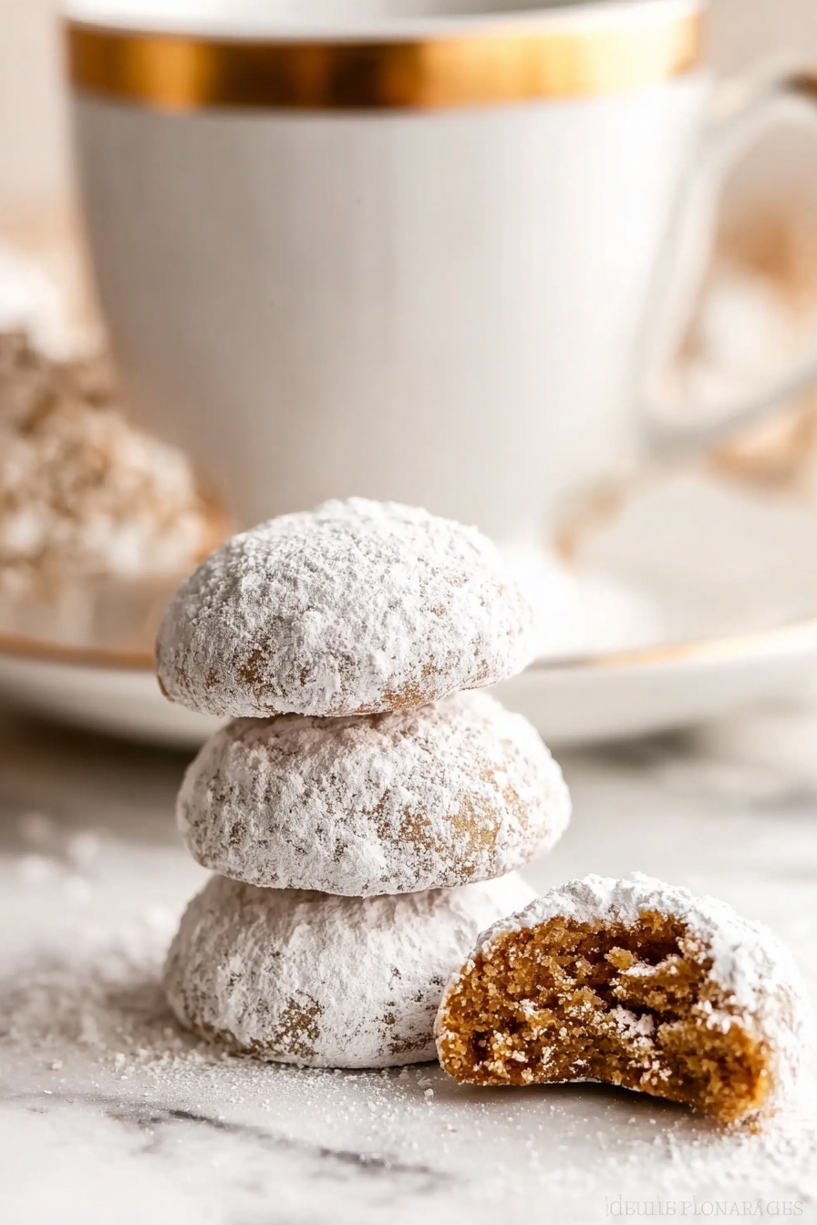 The image shows a stack of three small round cookies covered with white powdered sugar on a white marbled surface. Next to the stack is a cookie with a bite taken out, showing a soft brown inside. In the background, there is a large white cup with a gold rim, slightly blurred to keep focus on the cookies in the front. The overall colors are warm with soft lighting that highlights the powdered sugar and the texture of the cookies. Photo taken with an iphone --ar 2:3 --v 7 - Pfeffernüsse Spiced Cookie, German holiday cookies, spicy Christmas cookies, holiday cookie recipes, chewy German cookies