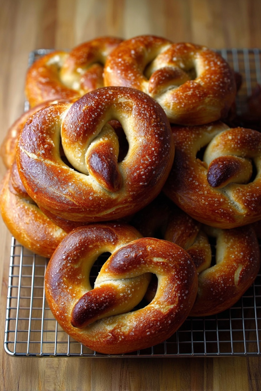 Eight shiny golden brown pretzels with a smooth, slightly bumpy texture are stacked tightly on a silver cooling rack, showing their classic twisted shape with plump loops and twisted ends. The pretzels have a rich, warm color gradient from light golden to darker brown on top. The rack is set on a light wood surface, adding a soft natural touch to the scene. photo taken with an iphone --ar 2:3 --v 7 - Super Easy Homemade Soft Pretzels, soft pretzels recipe, easy pretzel for beginners, homemade pretzels with buttery crust, quick pretzel dough
