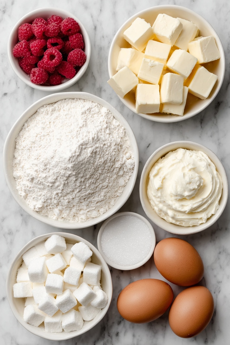 Flat lay of a small mound of all-purpose flour in a simple white ceramic bowl, a small white bowl of granulated sugar, a small white bowl of confectioners' sugar, a few fresh whole raspberries scattered naturally, two large whole brown eggs with clean shells, a small white bowl filled with cold butter cubes, a small white bowl of heavy whipping cream, and a small white bowl with vanilla extract liquid, all ingredients fresh and natural, arranged in perfect symmetry with realistic proportions, placed on a clean white marble surface, soft natural light, photo taken with an iPhone, professional food photography style, fresh ingredients, white ceramic bowls, no bottles, no duplicates, no utensils, no packaging --ar 2:3 --v 7 --p m7354615311229779997 - Easy Raspberry Kuchen, raspberry kuchen dessert, quick raspberry cake, beginner-friendly raspberry pastry, simple raspberry tart