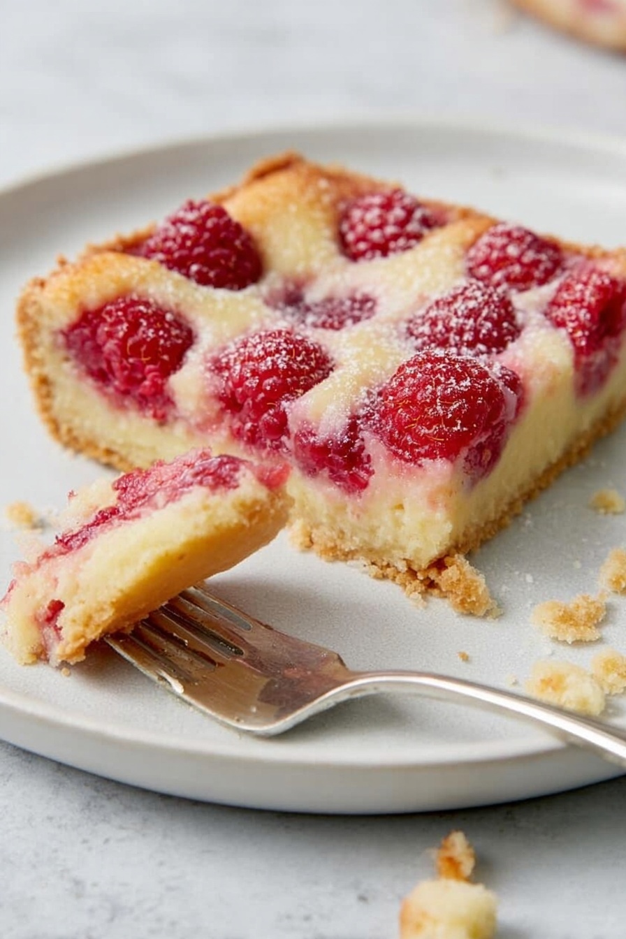 A square slice of raspberry tart is on a white plate, its top layer golden and studded with whole raspberries, showing a soft yellow filling beneath. The crust is light brown and crumbly at the bottom, slightly thick and firm. There is a silver fork resting on the plate, holding a bite-sized piece of the tart that reveals the same layers: golden top, red raspberries, creamy filling, and crust. Crumbs are scattered around the plate, all set on a white marbled surface. Photo taken with an iphone --ar 2:3 --v 7 - Easy Raspberry Kuchen, raspberry kuchen dessert, quick raspberry cake, beginner-friendly raspberry pastry, simple raspberry tart