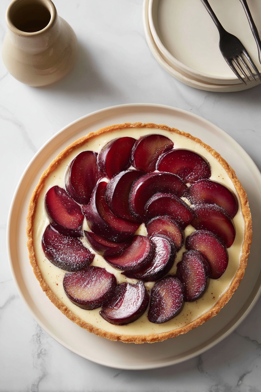 A round tart with a golden-brown crust forms the base, topped with a smooth cream layer. On top, thin slices of deep purple plums are arranged in overlapping circles, starting from the outer edge and spiraling inward, creating a flower-like pattern. The plum slices have a shiny texture with a light dusting of white powder on them. The tart sits on a simple white plate, placed on a white marbled surface. Nearby, a white plate with a dark fork and a light brown jar are visible. photo taken with an iphone --ar 2:3 --v 7 - German Plum Tart, German Plum Tart Recipe, Plum Tart Dessert, Easy German Fruit Tart, Autumn Plum Pastry