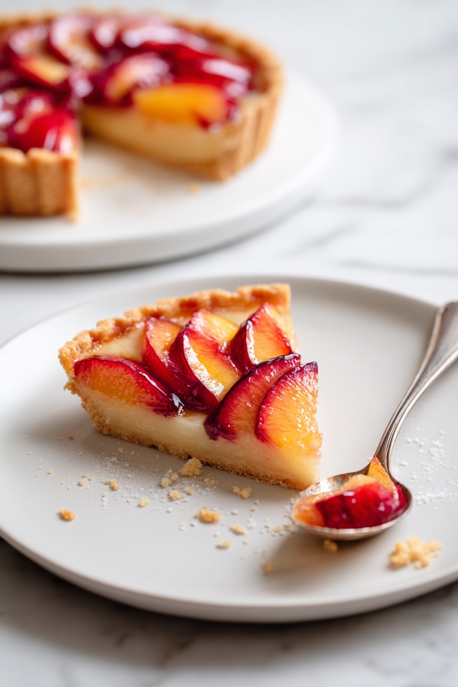 A single slice of fruit tart sits on a white plate with a smooth texture. The tart has two layers: the bottom crust is golden brown, crumbly, and slightly thick, holding a light filling above it. On top, there is a neat layer of thinly sliced red and orange fruit with a shiny, caramelized surface. The slice is partly eaten, with crumbs scattered on the plate, and a silver spoon lies nearby with a small piece of tart on it. In the background, there is the edge of the whole tart on another white plate, and the surface underneath is a white marbled texture. Photo taken with an iphone --ar 2:3 --v 7 - German Plum Tart, German Plum Tart Recipe, Plum Tart Dessert, Easy German Fruit Tart, Autumn Plum Pastry
