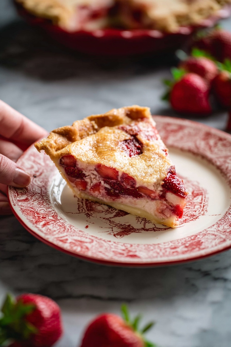 A single slice of pie is placed on a white plate with a red decorative pattern around the edges. The slice has three visible layers: the bottom is a light golden crust, the middle is filled with red strawberry pieces mixed with a creamy, slightly pink filling, and the top layer is a golden-brown crust with a lightly baked texture. Around the plate, there are whole fresh strawberries, and in the background, a woman's hand is holding part of the whole pie. The surface under the plate is white marble. Photo taken with an iphone --ar 2:3 --v 7 - Strawberry Kuchen with Creamy Custard, strawberry cake with custard, German strawberry dessert, fresh strawberry tart, easy strawberry pastry