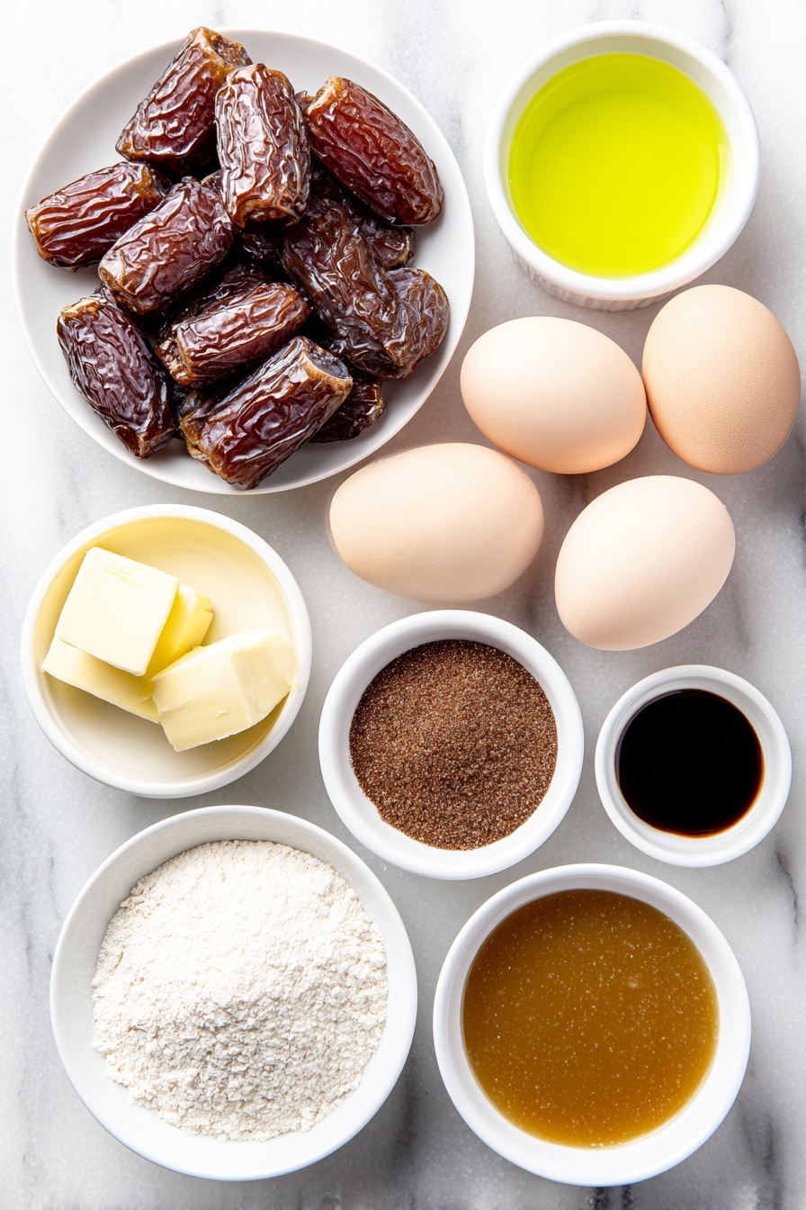 Flat lay of a small pile of roughly chopped pitted medjool dates, a small white bowl of boiling water with steam rising, a small mound of dark brown sugar, a few pats of unsalted butter softened at room temperature, two large whole uncracked eggs with clean shells, a small white bowl of neutral oil, a small white bowl of thick black treacle, a small white bowl of pure vanilla extract, a small pile of all-purpose flour, a small pinch of baking powder, a small pinch of salt, and a small white ceramic bowl of golden homemade English toffee sauce, arranged with perfect symmetry on a clean white marble surface, soft natural light, photo taken with an iPhone, professional food photography style, fresh ingredients, white ceramic bowls, no bottles, no duplicates, no utensils, no packaging --ar 2:3 --v 7 --p m7354615311229779997 - Sticky Toffee Pudding with English Toffee Sauce, British toffee dessert, easy sticky toffee pudding recipe, moist date pudding with toffee sauce, cozy British desserts