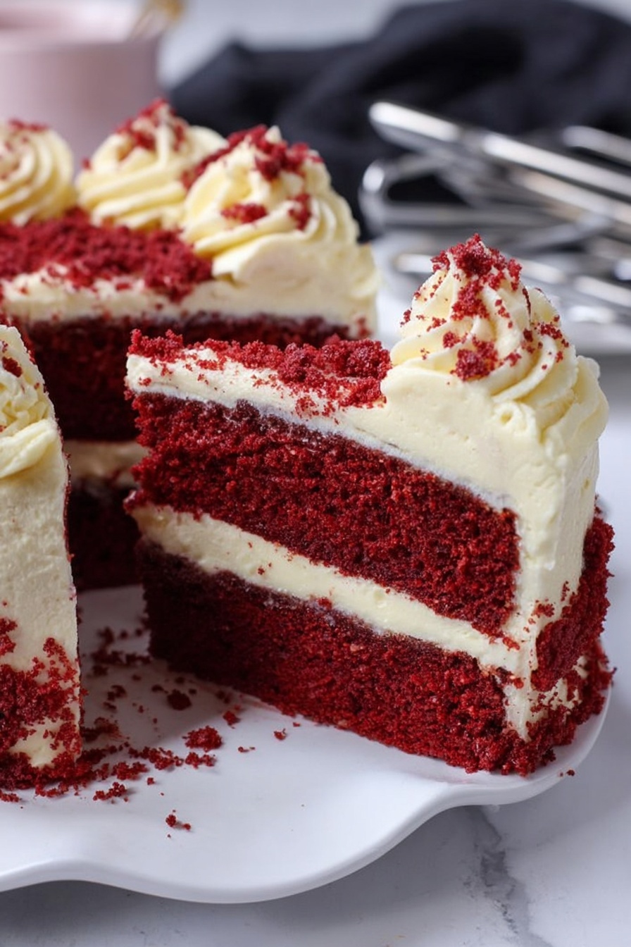 A close-up of a two-layer red cake with deep red, moist texture on the bottom and middle layers, filled with a thick layer of creamy white frosting. The top layer is covered with a generous amount of swirled white frosting, decorated with small crumbs of red cake sprinkled on top. The cake is placed on a white plate with curved edges, and the background shows a soft white marbled surface with a blurred dark cloth and some metal kitchen tools. Photo taken with an iphone --ar 2:3 --v 7 - Red Velvet Cake with Cream Cheese Frosting, moist red velvet cake, classic red velvet dessert, homemade red velvet cake recipe, easy red velvet cake