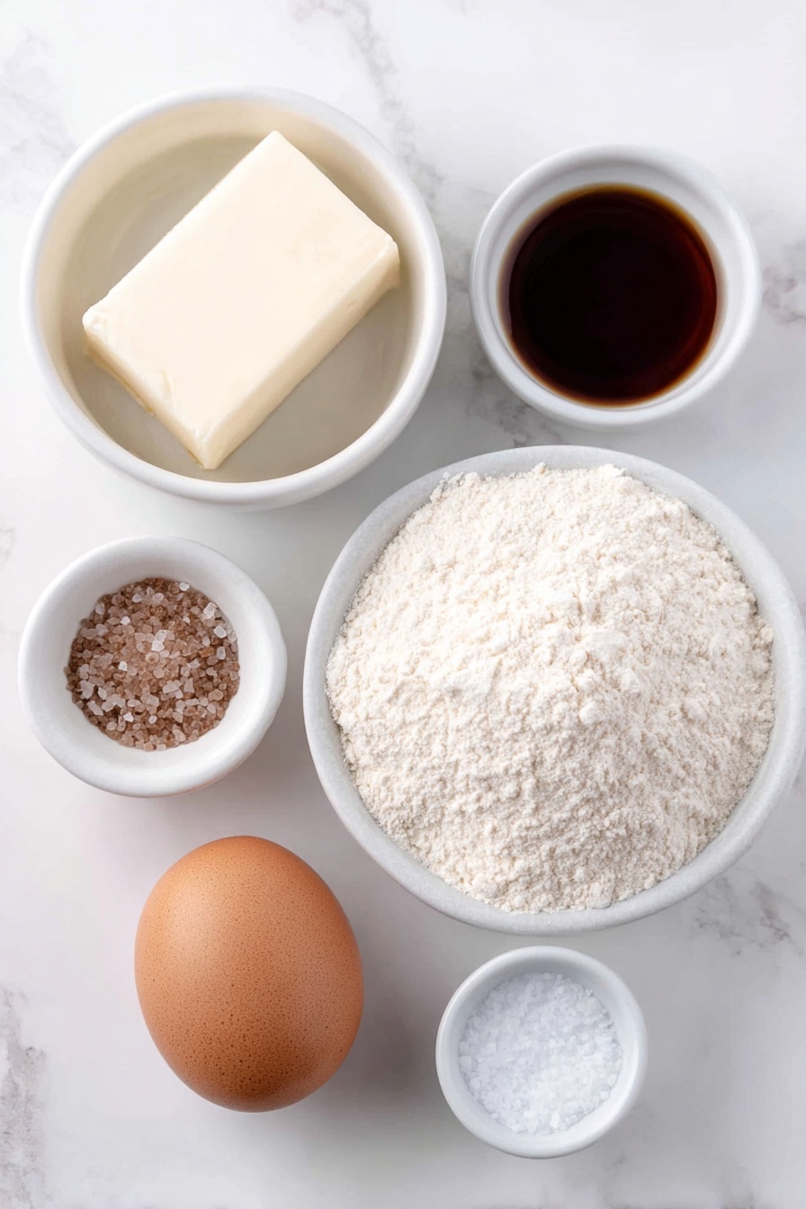 Flat lay of a small stick of unsalted butter with clean straight edges, a small white ceramic bowl filled with granulated sugar crystals, a single whole brown egg with a smooth shell, a tiny white ceramic bowl holding clear almond extract liquid, a small white ceramic bowl containing sifted all-purpose flour, and a tiny pinch of coarse salt scattered neatly next to the flour bowl, all arranged symmetrically with perfect spacing, placed on a clean white marble surface, soft natural light, photo taken with an iPhone, professional food photography style, fresh ingredients, white ceramic bowls, no bottles, no duplicates, no utensils, no packaging --ar 2:3 --v 7 --p m7354615311229779997 - Almond Spritz Cookies, almond butter cookies, buttery spritz cookies, holiday almond cookies, easy almond cookie recipe