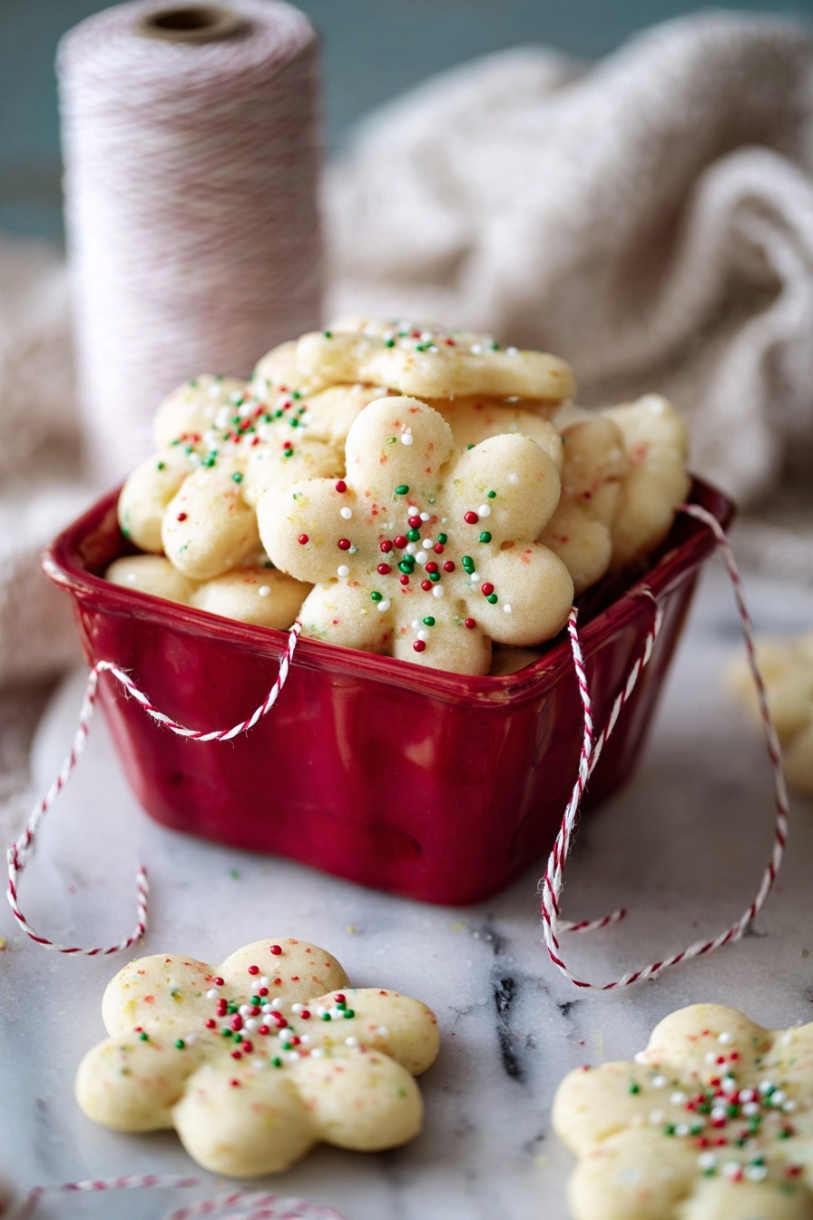 A white marbled surface holds a red square bowl filled with round, flower-shaped sugar cookies that are pale yellow with small red, green, and white round sprinkles scattered over them. Several cookies rest outside the bowl on the white marbled surface, with one cookie in the front tied with a thin white and gold string that trails back into the bowl. In the background, a blurry white spool of string and a soft white cloth add texture to the scene. The image shows a cozy and inviting holiday feel. photo taken with an iphone --ar 2:3 --v 7 - Almond Spritz Cookies, almond butter cookies, buttery spritz cookies, holiday almond cookies, easy almond cookie recipe