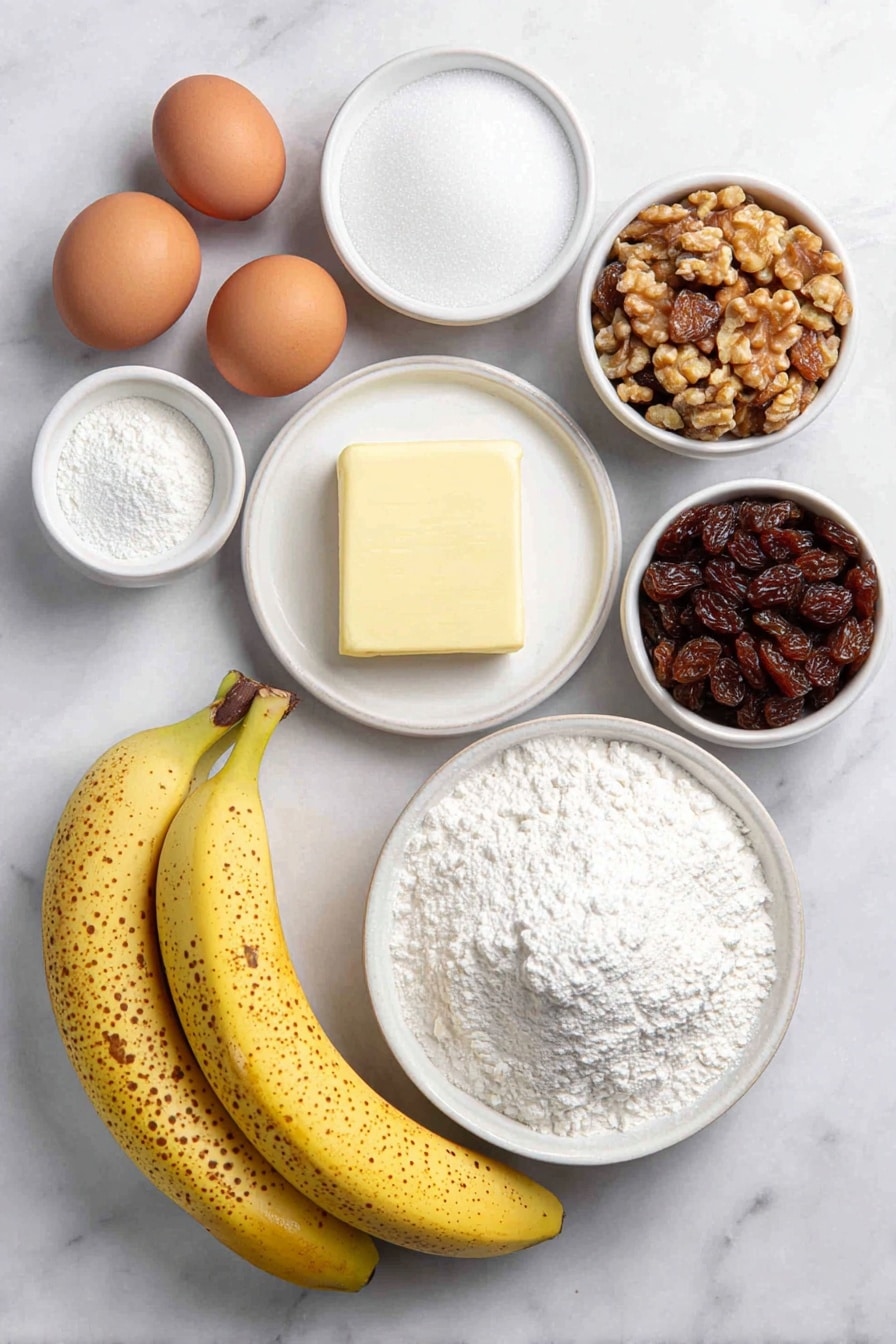 Flat lay of three very ripe bananas with speckled yellow skin, a small mound of unsalted butter at room temperature on a white ceramic plate, a simple white bowl filled with granulated sugar, two whole uncracked brown eggs, a white bowl containing all-purpose flour, a small white bowl holding baking soda powder, a small white bowl with fine salt, a small white bowl with vanilla extract, a white ceramic dish with coarsely chopped toasted walnuts, and a white ceramic bowl of plump raisins, all arranged in perfect symmetry and realistic proportions, placed on a clean white marble surface, soft natural light, photo taken with an iPhone, professional food photography style, fresh ingredients, white ceramic bowls, no bottles, no duplicates, no utensils, no packaging --ar 2:3 --v 7 --p m7354615311229779997 - Moist Banana Bread with Walnuts and Raisins, banana bread with walnuts and raisins, fluffy banana bread recipe, homemade banana bread, easy banana bread with nuts and dried fruit