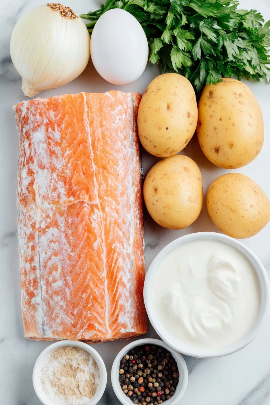 Flat lay of a large fillet of smoked haddock with pale pink and smoky skin, a whole uncracked white egg, a few medium-sized yellow-fleshed potatoes with smooth skin, a large round white onion with dry outer layers, a small bunch of fresh green parsley with leaves and stalks, a single fresh green bay leaf, a small white ceramic bowl filled with creamy semi-skimmed milk, and a small white ceramic bowl containing freshly cracked black peppercorns, all arranged symmetrically on a clean white marble surface, soft natural light, photo taken with an iPhone, professional food photography style, fresh ingredients, white ceramic bowls, no bottles, no duplicates, no utensils, no packaging --ar 2:3 --v 7 --p m7354615311229779997 - Scottish Cullen Skink Smoked Haddock Soup, smoked haddock soup, Cullen Skink recipe, Scottish seafood soup, smoky fish soup