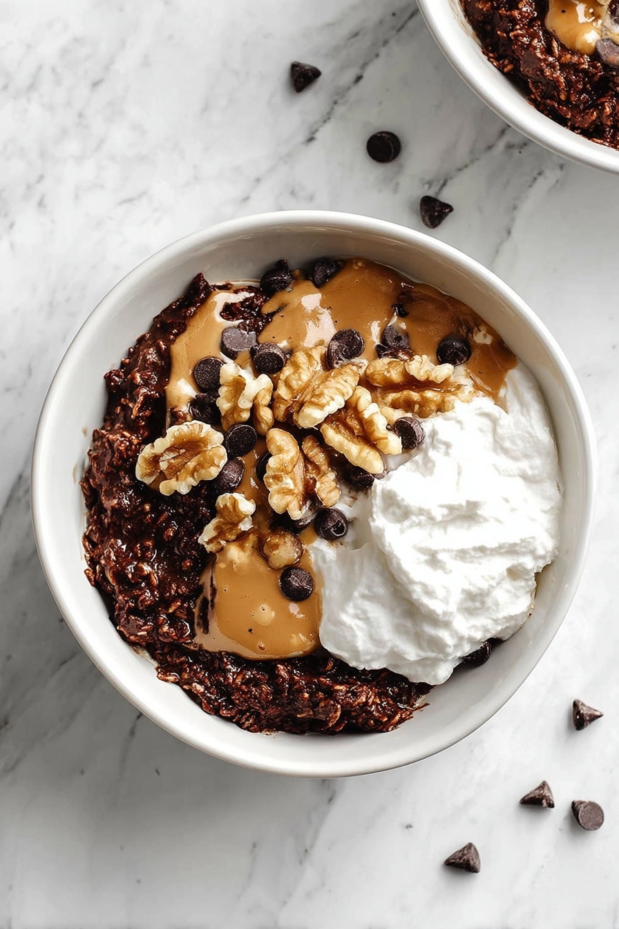 The image shows a white bowl filled with a dark brown, crumbly chocolate oatmeal base as the first layer. On top of this base, there are small chocolate chips scattered unevenly and drizzles of light brown peanut butter spread across. Walnut pieces are placed on top of the peanut butter in a scattered manner. On one side of the bowl, there is a large dollop of white whipped cream with a soft, fluffy texture. The bowl sits on a white marbled surface with some chocolate chips scattered around it. Photo taken with an iphone --ar 2:3 --v 7 - Chocolate Brownie Oatmeal Bake, healthy chocolate breakfast, easy oatmeal bake, indulgent breakfast recipes, wholesome dessert-style oatmeal