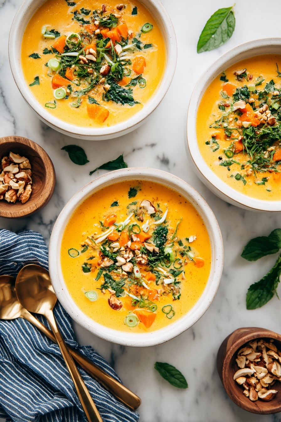 Three white bowls filled with creamy orange soup sit on a white marbled surface. The soup has visible orange carrot slices, yellow shredded pieces, and is topped with chopped green herbs and small green rings, as well as crushed nuts adding texture. Around the bowls, scattered green leaves and a small wooden bowl with nuts add detail, along with two gold spoons placed beside a blue and white striped cloth on the lower left corner. The overall scene is warm and inviting. photo taken with an iphone --ar 2:3 --v 7 - Healing Ginger Coconut Chicken Soup, nourishing chicken soup with ginger and coconut, healthy chicken soup recipe with turmeric, comforting one-pot chicken soup, hearty rice and chicken soup