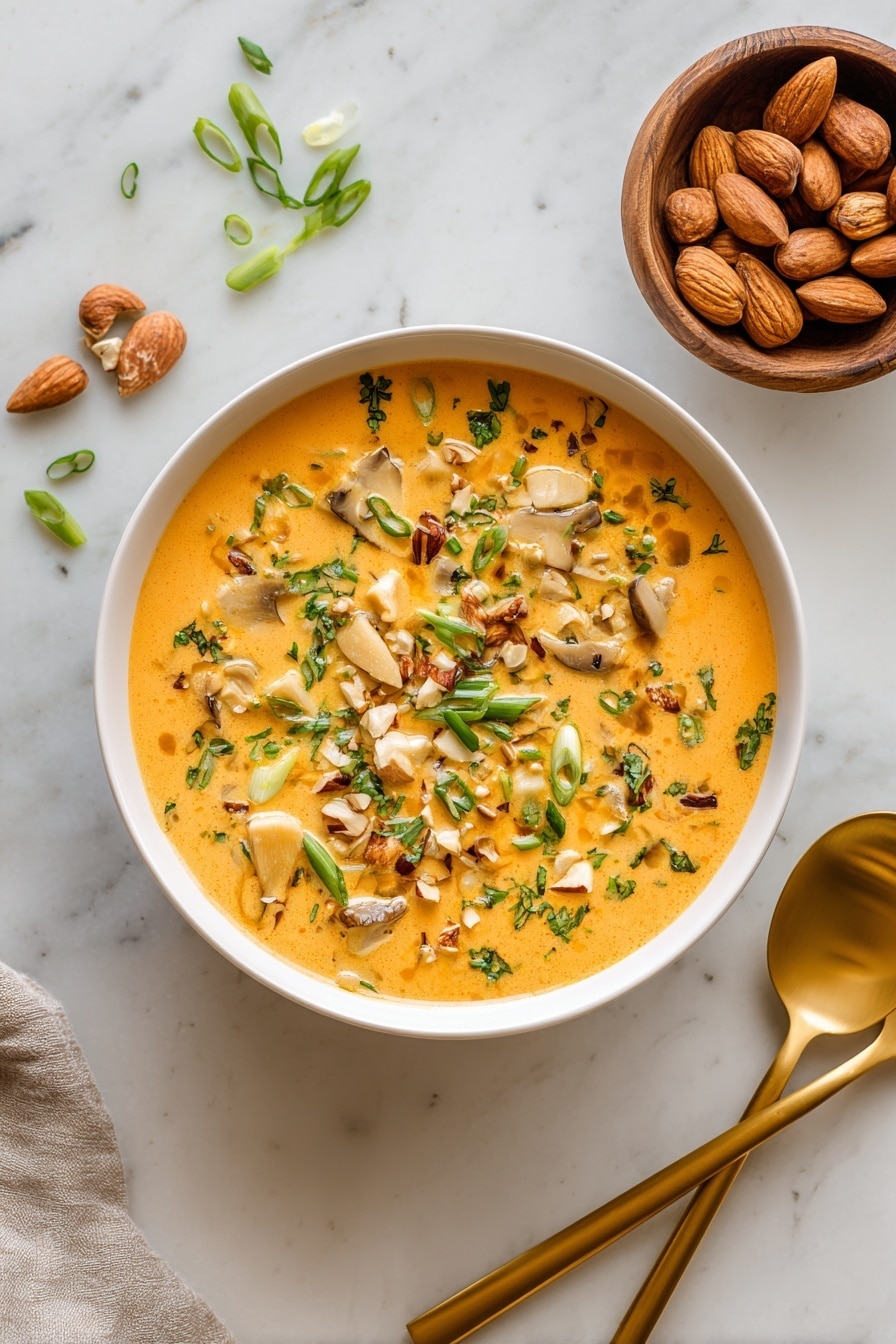 The image shows a white bowl filled with a creamy orange soup that has soft chunks of vegetables and pieces of a yellowish ingredient, likely mushrooms or chicken, spread throughout. The soup is topped with chopped green herbs, small slices of green onions, and crushed nuts, adding a fresh green and light brown color contrast on the smooth surface. Around the bowl, there are two golden spoons placed diagonally on a white marbled texture surface, with a wooden bowl nearby holding some nuts. The overall feel is warm and fresh with vibrant colors against a calm white background. photo taken with an iphone --ar 2:3 --v 7 - Healing Ginger Coconut Chicken Soup, nourishing chicken soup with ginger and coconut, healthy chicken soup recipe with turmeric, comforting one-pot chicken soup, hearty rice and chicken soup
