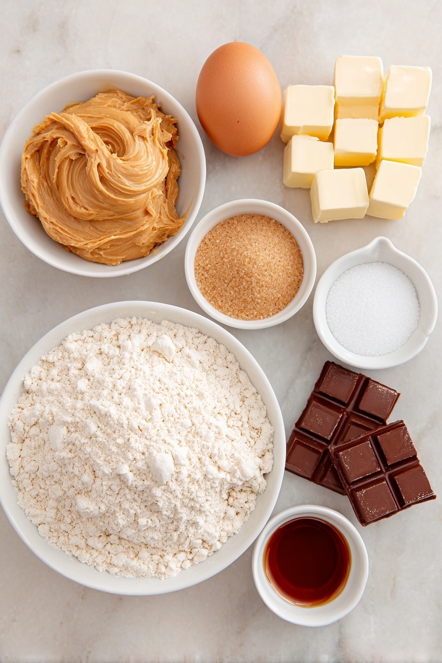 Flat lay of a small mound of creamy peanut butter, a few cubes of unsalted butter at room temperature, a neat pile of light brown sugar, a small heap of granulated sugar, a small bowl of all-purpose flour mixed with visible kosher salt, baking soda, and baking powder, one large whole egg with a clean shell, a few mini unwrapped peanut butter cups arranged neatly, and a small white ceramic bowl of vanilla extract placed on a clean white marble surface, soft natural light, photo taken with an iPhone, professional food photography style, fresh ingredients, white ceramic bowls, no bottles, no duplicates, no utensils, no packaging --ar 2:3 --v 7 --p m7354615311229779997 - Peanut Butter Cup Cookies, Peanut Butter Cup Cookies Recipe, Chocolate Peanut Butter Cookies, Easy Peanut Butter Cookies, Homemade Peanut Butter Cookies