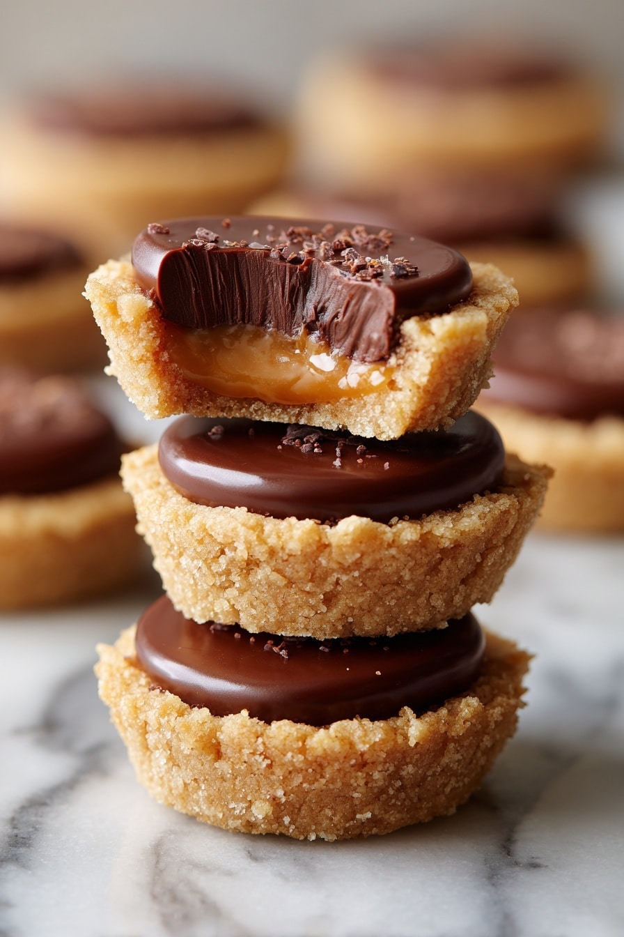A stack of three small round peanut butter cups with crumbly light brown cookie bases and smooth, shiny milk chocolate centers, the top cup broken in half showing a creamy chocolate filling, all placed on a white marbled surface with blurred similar cups in the background. photo taken with an iphone --ar 2:3 --v 7 - Peanut Butter Cup Cookies, Peanut Butter Cup Cookies Recipe, Chocolate Peanut Butter Cookies, Easy Peanut Butter Cookies, Homemade Peanut Butter Cookies