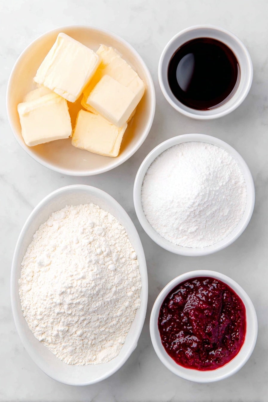 Flat lay of a few large chunks of pale yellow softened butter, a small white ceramic bowl filled with fine white icing sugar, a small white ceramic bowl holding a mound of plain white flour, a small white ceramic bowl containing fine white corn flour (corn starch), a small white ceramic bowl with smooth vanilla extract liquid, and a small white ceramic bowl filled with vibrant red seedless raspberry jam, all arranged symmetrically and naturally on a clean white marble surface, soft natural light, photo taken with an iPhone, professional food photography style, fresh ingredients, white ceramic bowls, no bottles, no duplicates, no utensils, no packaging --ar 2:3 --v 7 --p m7354615311229779997 - Homemade Viennese Whirls with Jam, Viennese Whirls with Jam, Butter Biscuits with Jam, How to Make Viennese Whirls, Easy Viennese Whirls Recipe
