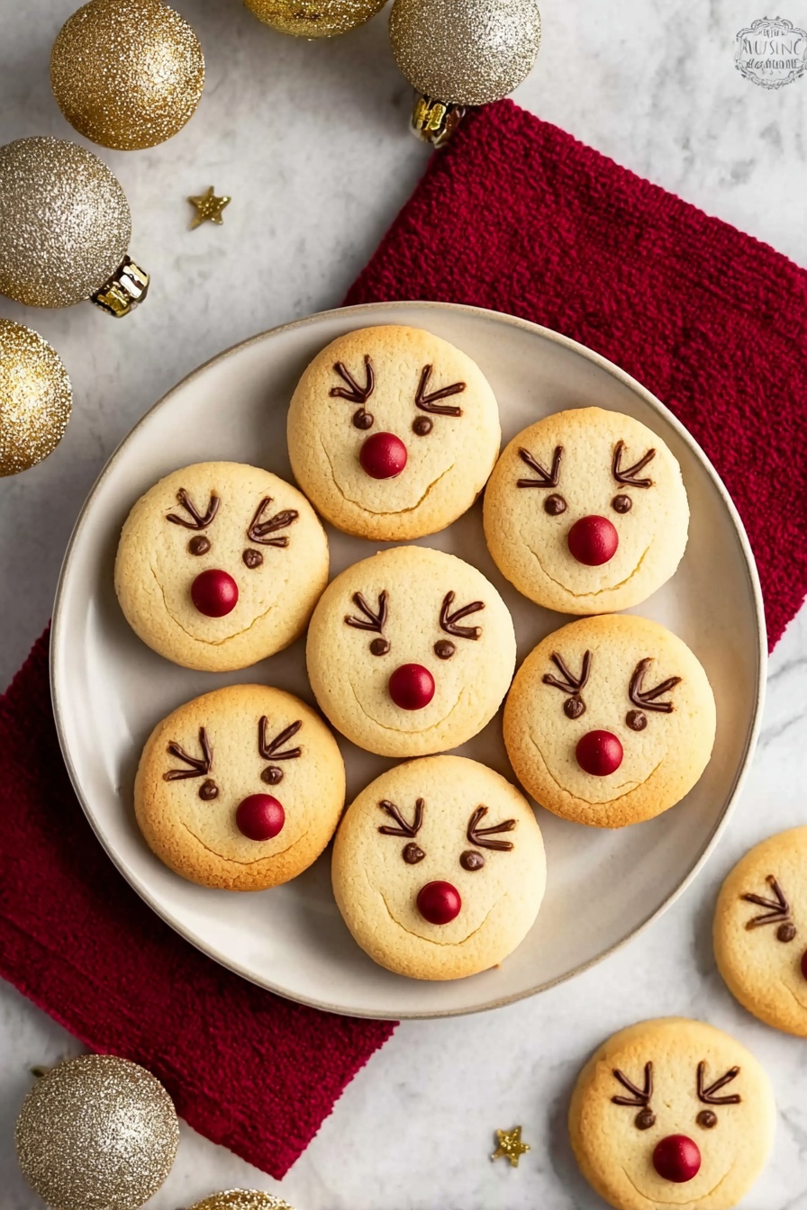 A white plate holds seven round, light golden brown cookies decorated to look like reindeer faces. Each cookie has a red candy nose placed in the center near the bottom, and simple brown lines drawn above the nose to resemble antlers. The plate is placed on a red cloth, with part of the cloth resting on a white marbled surface. Around the plate, there are gold and sparkly gold Christmas ornaments scattered, along with two additional reindeer cookies on the surface. Photo taken with an iphone --ar 2:3 --v 7 - Easy Reindeer Cookies, festive holiday cookies, adorable Christmas cookies, simple cookie decorating ideas, kid-friendly holiday treats