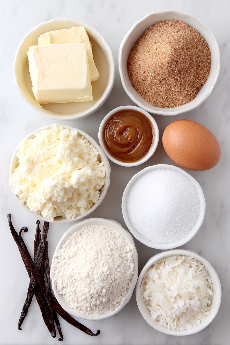 Flat lay of a small mound of soft unsalted butter, a small white ceramic bowl filled with fine powdered sugar, a small white bowl containing light brown sugar firmly packed, a small white bowl with pale cornstarch powder, a small white bowl holding golden dulce de leche caramel, a small white bowl of fine all-purpose flour, a small white bowl with a few fresh vanilla pods, a single uncracked brown egg with a smooth shell, a small white bowl of desiccated coconut flakes, and a small white bowl of fine white salt crystals, arranged symmetrically on a clean white marble surface, soft natural light, photo taken with an iPhone, professional food photography style, fresh ingredients, white ceramic bowls, no bottles, no duplicates, no utensils, no packaging --ar 2:3 --v 7 --p m7354615311229779997 - Delicious Dulce de Leche Alfajores, South American cookie recipes, homemade alfajores with dulce de leche, buttery sandwich cookies, traditional alfajores recipe