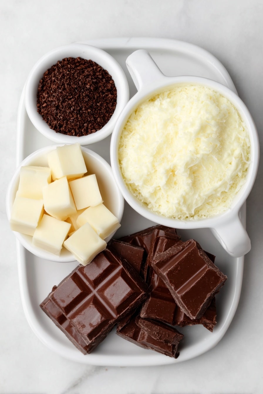 Flat lay of a small white ceramic bowl filled with thickened cream, finely chopped pieces of dark cooking chocolate scattered next to a small white ceramic bowl holding fine instant coffee granules, and irregular chunks of milk cooking chocolate arranged neatly on a simple white ceramic plate, placed on a clean white marble surface, soft natural light, photo taken with an iPhone, professional food photography style, fresh ingredients, white ceramic bowls, no bottles, no duplicates, no utensils, no packaging --ar 2:3 --v 7 --p m7354615311229779997 - Coffee Chocolate Truffles, coffee chocolate dessert, easy chocolate truffles, decadent coffee treats, homemade coffee truffles