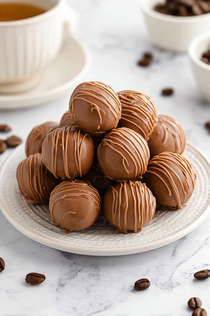 A white round plate with a textured rim holds a neat pile of shiny, smooth milk chocolate balls. Each chocolate ball is coated with thin, light brown lines drizzled across their surface in a wavy pattern. Scattered around the plate and surface are a few dark brown coffee beans, enhancing the look. The plate is placed on a white marbled surface, creating a soft, clean background that makes the chocolates stand out. The overall image shows a close-up view with a soft focus on the chocolates and a blurred context of small bowls in the background photo taken with an iphone --ar 2:3 --v 7 - Coffee Chocolate Truffles, coffee chocolate dessert, easy chocolate truffles, decadent coffee treats, homemade coffee truffles