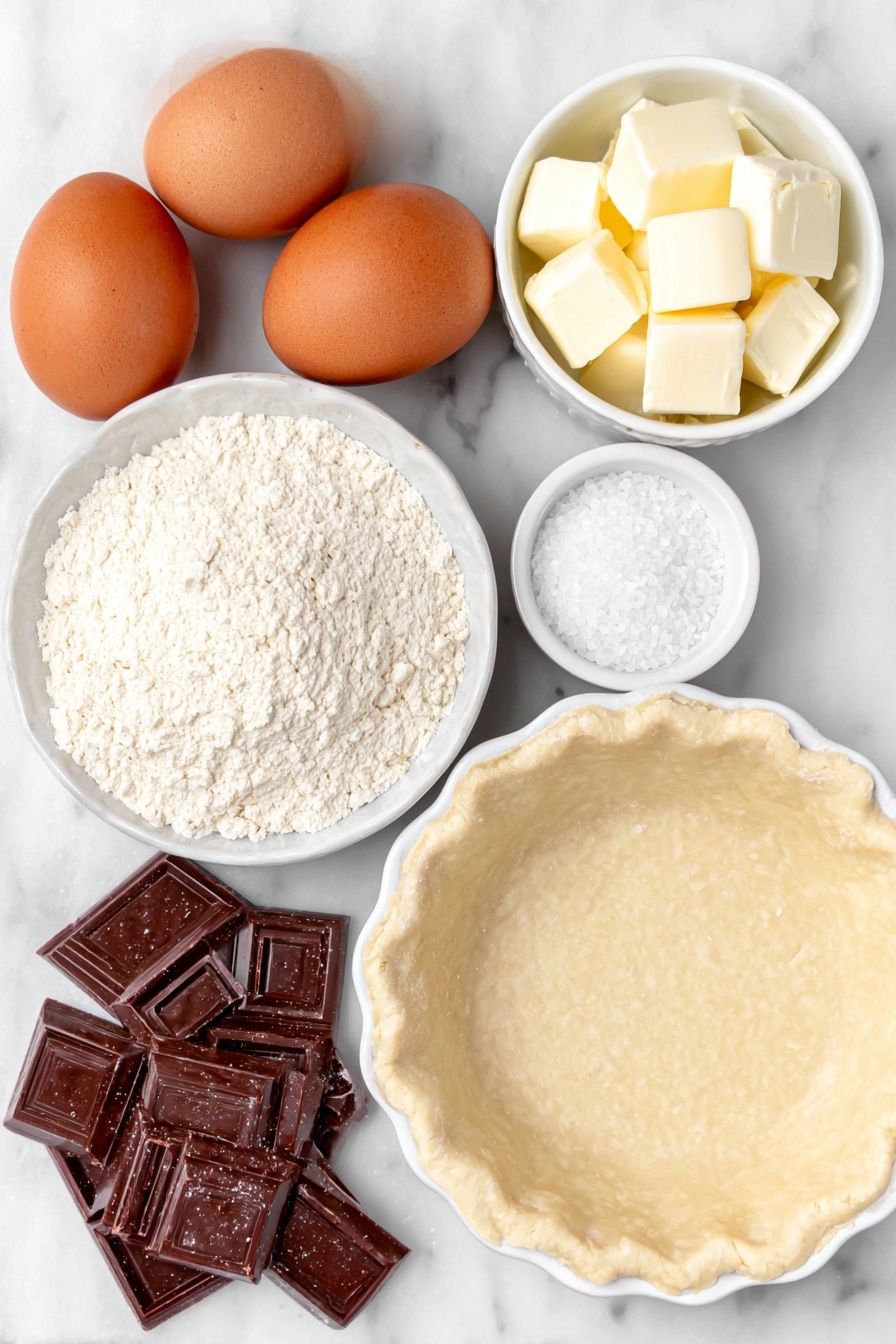 Flat lay of two large brown eggs with clean shells, a small pile of unsweetened dark chocolate squares, a small white ceramic bowl with cubed unsalted butter, a small white ceramic bowl filled with granulated white sugar, a tiny pinch of coarse salt crystals on a white ceramic dish, a small white ceramic bowl holding pale beige all-purpose flour, and a small white ceramic bowl containing clear vanilla extract liquid, all arranged symmetrically with a simple 9-inch unbaked pie crust in a white ceramic pie dish, placed on a clean white marble surface, soft natural light, photo taken with an iPhone, professional food photography style, fresh ingredients, white ceramic bowls, no bottles, no duplicates, no utensils, no packaging --ar 2:3 --v 7 --p m7354615311229779997 - Easy Chocolate Fudge Pie, chocolate fudge pie recipe, how to make chocolate fudge pie, simple chocolate dessert, rich chocolate pie