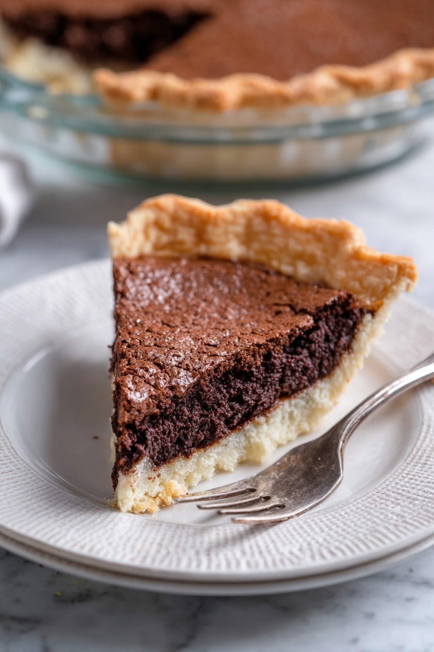 A slice of chocolate pie with two visible layers sits on a white plate with a textured rim. The bottom layer is a pale, flaky crust that looks crisp and light, while the top layer is a rich, dark brown, slightly cracked chocolate filling with a dense but slightly crumbly texture. The pie slice is positioned close to the edge of the plate with a silver fork resting beside it. In the background, part of the pie in a clear glass pie dish is visible on a white marbled surface. Photo taken with an iphone --ar 2:3 --v 7 - Easy Chocolate Fudge Pie, chocolate fudge pie recipe, how to make chocolate fudge pie, simple chocolate dessert, rich chocolate pie