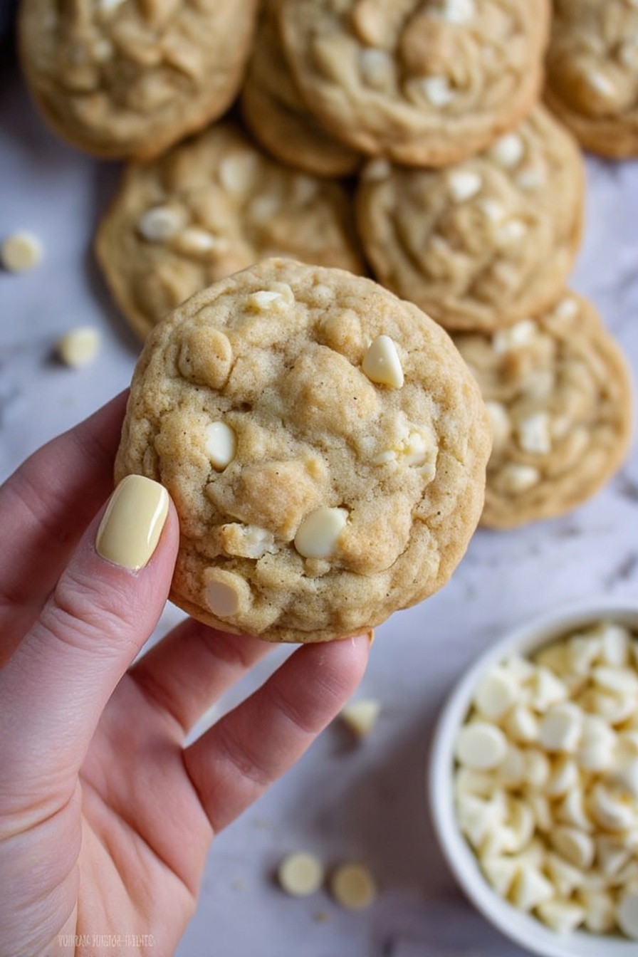 A woman's hand with pale yellow nail polish holds a light brown cookie filled with white chocolate chips, showing a textured and slightly cracked top layer with embedded white chips. Below and behind the cookie are multiple similar cookies arranged loosely on a white marbled surface, with a small white bowl on the right filled with white chocolate chips. Some loose white chocolate chips are scattered around the cookies, adding detail to the scene. The image has a soft-focused background emphasizing the held cookie in the forefront. photo taken with an iphone --ar 2:3 --v 7 - White Chocolate Macadamia Cookies, easy cookie recipes, buttery cookies with white chocolate, crunchy macadamia nut cookies, homemade cookie ideas