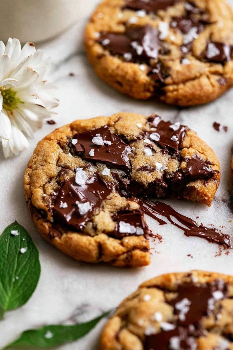 Three warm chocolate chunk cookies are placed on a white marbled surface in a close-up view. The cookies have a golden brown color with large, dark melted chocolate pieces unevenly spread across the top, one cookie is broken in half showing gooey chocolate inside. Small flakes of white salt are scattered on top giving a slight shine. A green leaf and a white flower rest near the cookies adding a natural touch. The focus is sharp on the closest cookie with a soft blur on others in the background, showing texture and detail in the dough and chocolate. photo taken with an iphone --ar 2:3 --v 7 - Brown Butter Oatmeal Chocolate Chip Cookies, oatmeal chocolate chip cookies, brown butter cookie recipe, chewy crispy cookies, homemade cookie recipes
