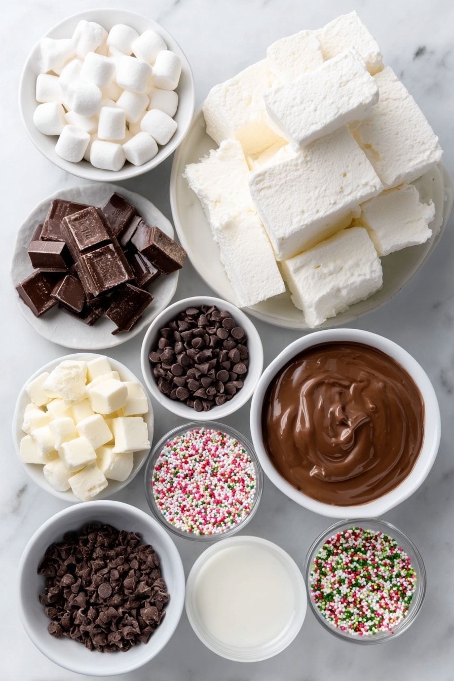 Flat lay of large white marshmallows, smooth milk chocolate candy melts in a small white ceramic bowl, white lollipop sticks neatly aligned, colorful assorted sprinkles in a small white ceramic bowl placed symmetrically around, all ingredients fresh and natural, balanced layout, perfect symmetry, placed on a clean white marble surface, soft natural light, photo taken with an iPhone, professional food photography style, fresh ingredients, white ceramic bowls, no bottles, no duplicates, no utensils, no packaging --ar 2:3 --v 7 --p m7354615311229779997 - Chocolate Marshmallow Pops Benefits, Chocolate Marshmallow Pops Easy, Chocolate Marshmallow Pops Ideas, Chocolate Marshmallow Pops Tips, Chocolate Marshmallow Pops for Parties