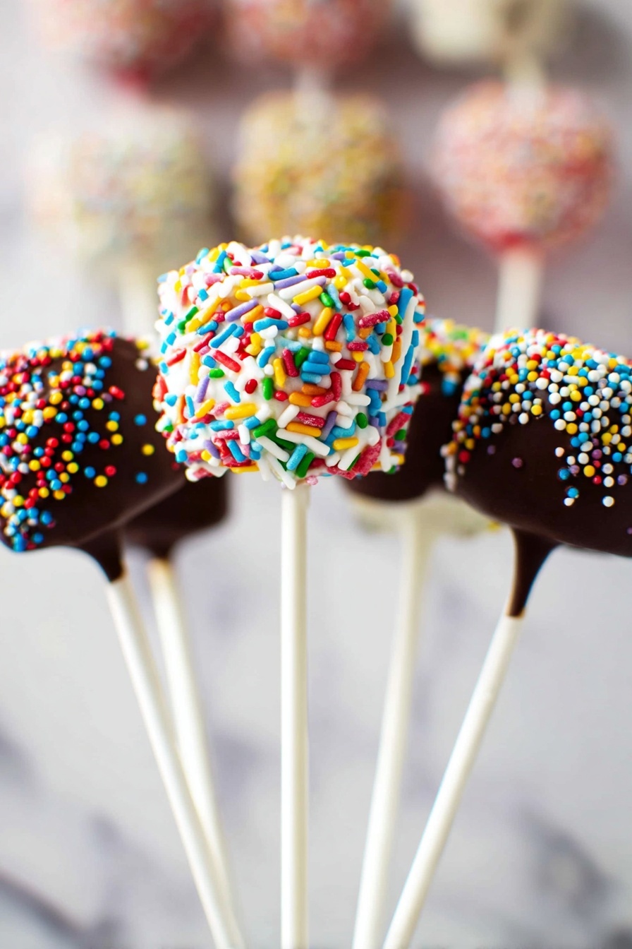 Five small round cake pops are shown on white sticks, three in clear focus and two blurred in the background. The cake pop in the center is coated in white frosting covered with long, colorful sprinkles in red, green, blue, orange, pink, and yellow. The two cake pops on either side are dipped in dark chocolate and covered with tiny round sprinkles in a mix of red, yellow, green, blue, white, purple, and orange. The cake pops are held upright close together against a soft white marbled background, with more cake pops blurred in the back, giving depth to the image. photo taken with an iphone --ar 2:3 --v 7 - Chocolate Marshmallow Pops Benefits, Chocolate Marshmallow Pops Easy, Chocolate Marshmallow Pops Ideas, Chocolate Marshmallow Pops Tips, Chocolate Marshmallow Pops for Parties