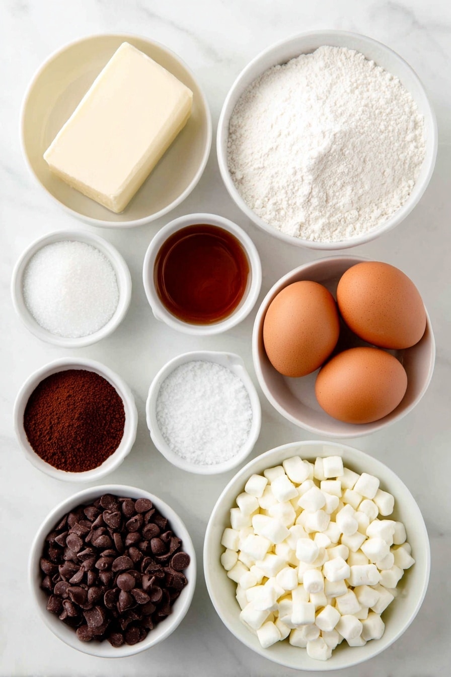 Flat lay of a small pile of softened butter, a small white ceramic bowl filled with white granulated sugar, another small white bowl with brown sugar, two whole large brown eggs with clean shells, a small white bowl of clear vanilla extract, a simple mound of all purpose flour, a neat stack of four individual sachets of hot cocoa mix removed and poured into a small white bowl (powder visible), a small white bowl with white salt crystals, a small white bowl with white baking soda powder, a small white bowl with white baking powder, a small heap of chocolate chips, and a small white bowl filled with white Mallow Bits (mini marshmallow pieces) arranged in perfect symmetry, placed on a clean white marble surface, soft natural light, photo taken with an iPhone, professional food photography style, fresh ingredients, white ceramic bowls, no bottles, no duplicates, no utensils, no packaging --ar 2:3 --v 7 --p m7354615311229779997 - Hot Chocolate Cookies, hot chocolate cookies recipe, cozy cookies, chocolate cookie recipe, easy holiday cookies