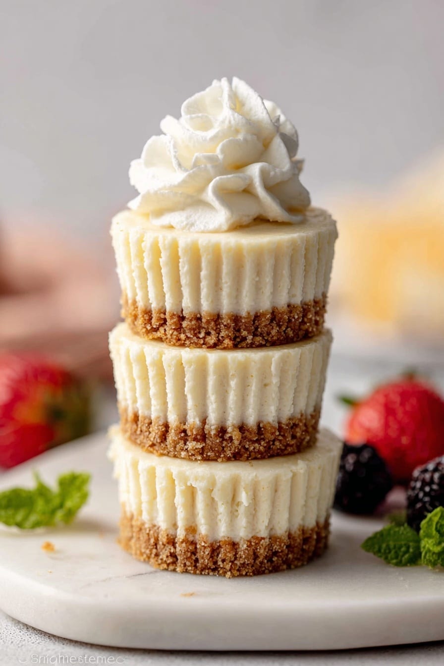 The image shows three small cheesecakes stacked on top of each other on a white marbled plate, with each mini cheesecake having two layers: a thick cream-colored smooth cheesecake layer on top and a brown crumbly crust layer at the bottom. The top cheesecake is decorated with a swirl of white whipped cream, adding a soft and creamy texture. Around the bottom edge of the plate and slightly blurred in the background, there are some red strawberries and dark berries, along with green mint leaves, all resting on the white marbled surface. photo taken with an iphone --ar 2:3 --v 7 - Mini Cheesecakes, Easy Mini Cheesecakes, Mini Cheesecake Ideas, No-Bake Cheesecakes, Cheesecake Dessert