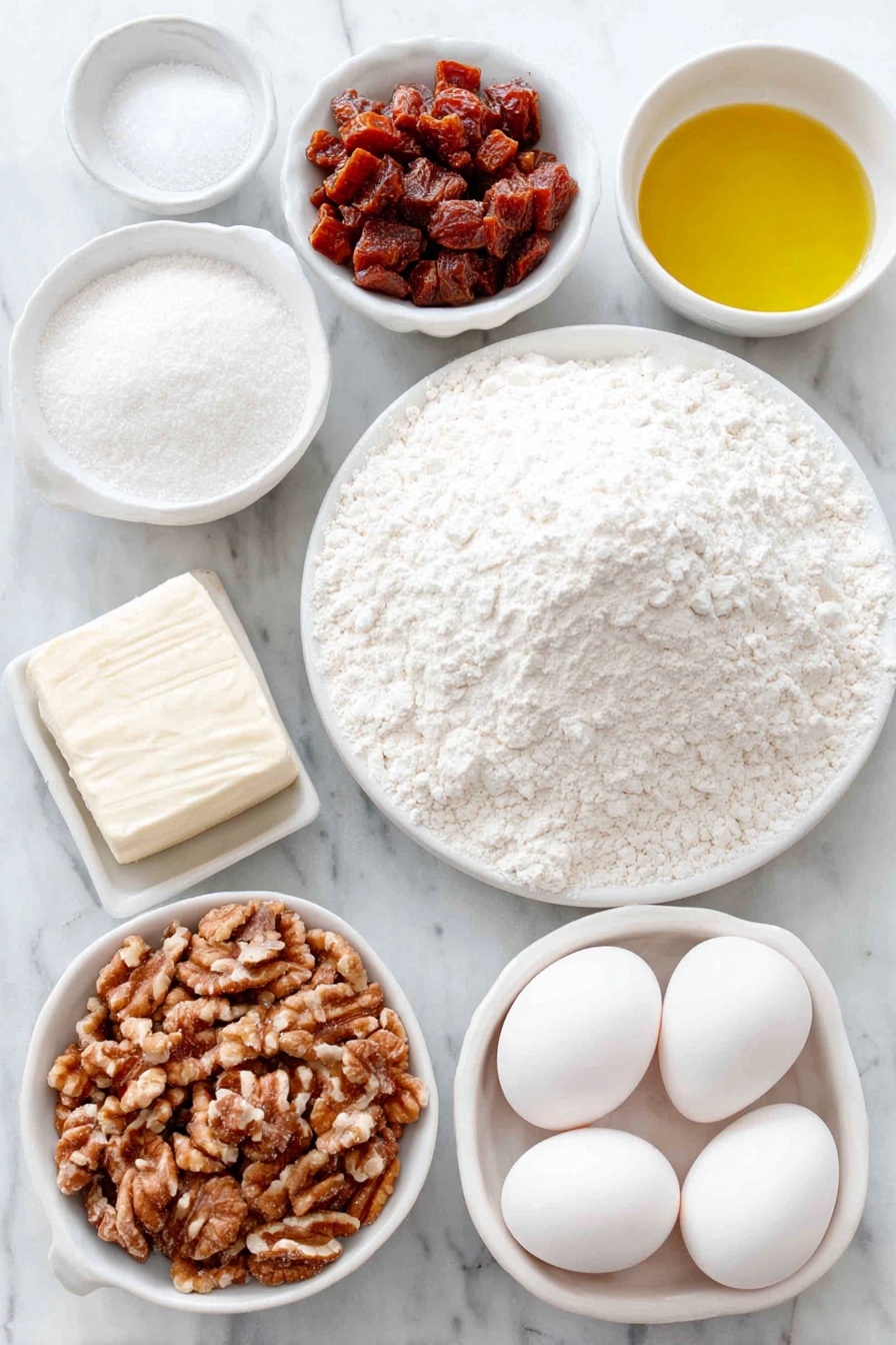 Flat lay of a small mound of all-purpose flour, two teaspoons of baking powder in a small white ceramic bowl, a small white bowl with salt, a small white bowl containing boiling water, a small white bowl filled with diced Medjool dates, a small white bowl with baking soda, a small white bowl with extra virgin olive oil, a small white bowl holding light brown sugar, three whole large eggs with clean shells, a small white bowl with pure vanilla extract, a small white ceramic bowl filled with chopped walnuts placed on a clean white marble surface, soft natural light, photo taken with an iPhone, professional food photography style, fresh ingredients, white ceramic bowls, no bottles, no duplicates, no utensils, no packaging --ar 2:3 --v 7 --p m7354615311229779997 - Date Nut Bread with Walnuts, healthy date bread recipe, moist nut bread, easy homemade bread, sweet walnut bread