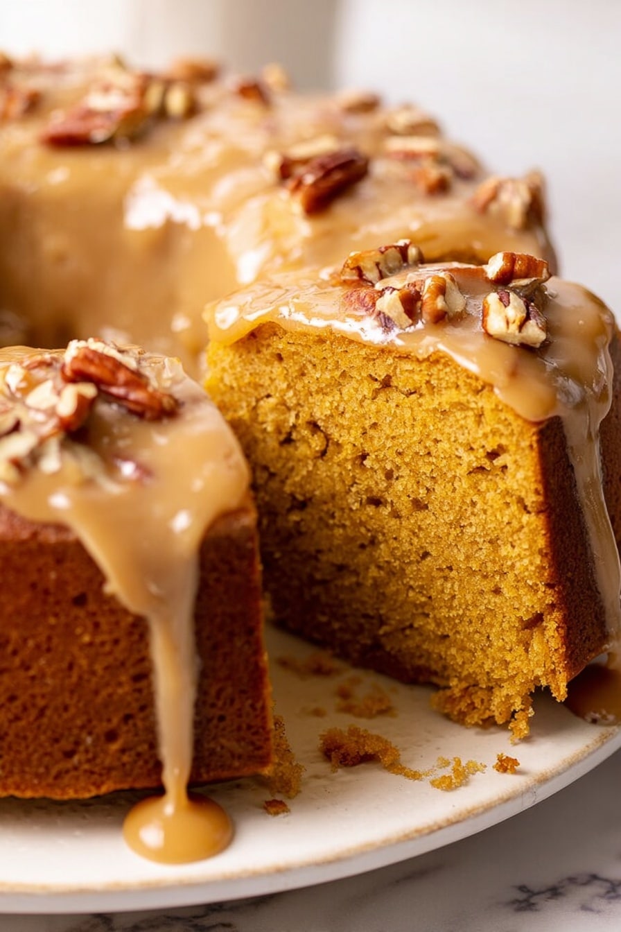 The image shows a close-up of a thick round cake with one large slice pulled out to reveal its moist, dense, golden-brown interior. The cake is covered with a smooth, light brown glaze that drips down the sides, adding a shiny texture. Small pieces of pecans are scattered on top of the glaze and around the base of the cake. The cake sits on a white plate over a white marbled surface. photo taken with an iphone --ar 2:3 --v 7 - Sweet Potato Pound Cake with Brown Butter Glaze, moist sweet potato pound cake, cozy fall spice desserts, easy fruit-based cakes, brown butter glaze dessert