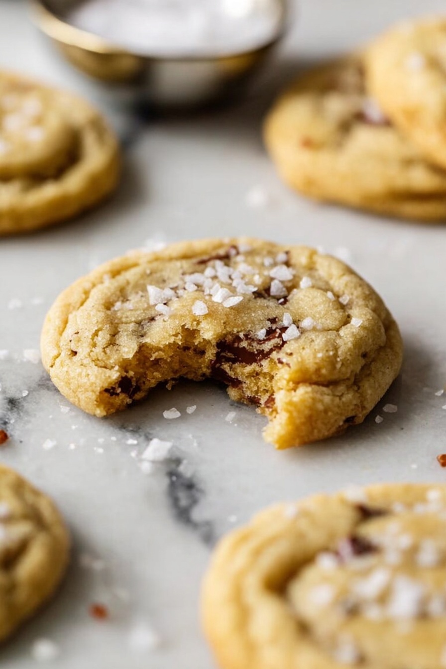 A close-up image of a single light golden brown cookie with a soft, slightly crumbly texture and small chocolate bits inside, with a bite taken out showing the inside, placed on a white marbled surface; around it are more whole cookies of the same type, and a small silver bowl with coarse salt in the background, slightly out of focus, with some flakes of salt sprinkled on the cookie and the surface; the overall look is warm, inviting, and cozy, photo taken with an iphone --ar 2:3 --v 7 - Brown Butter Toffee Cookies, Toffee Cookie Recipe, Easy Toffee Cookies, Buttery Toffee Cookies, Chewy Toffee Cookie Recipe