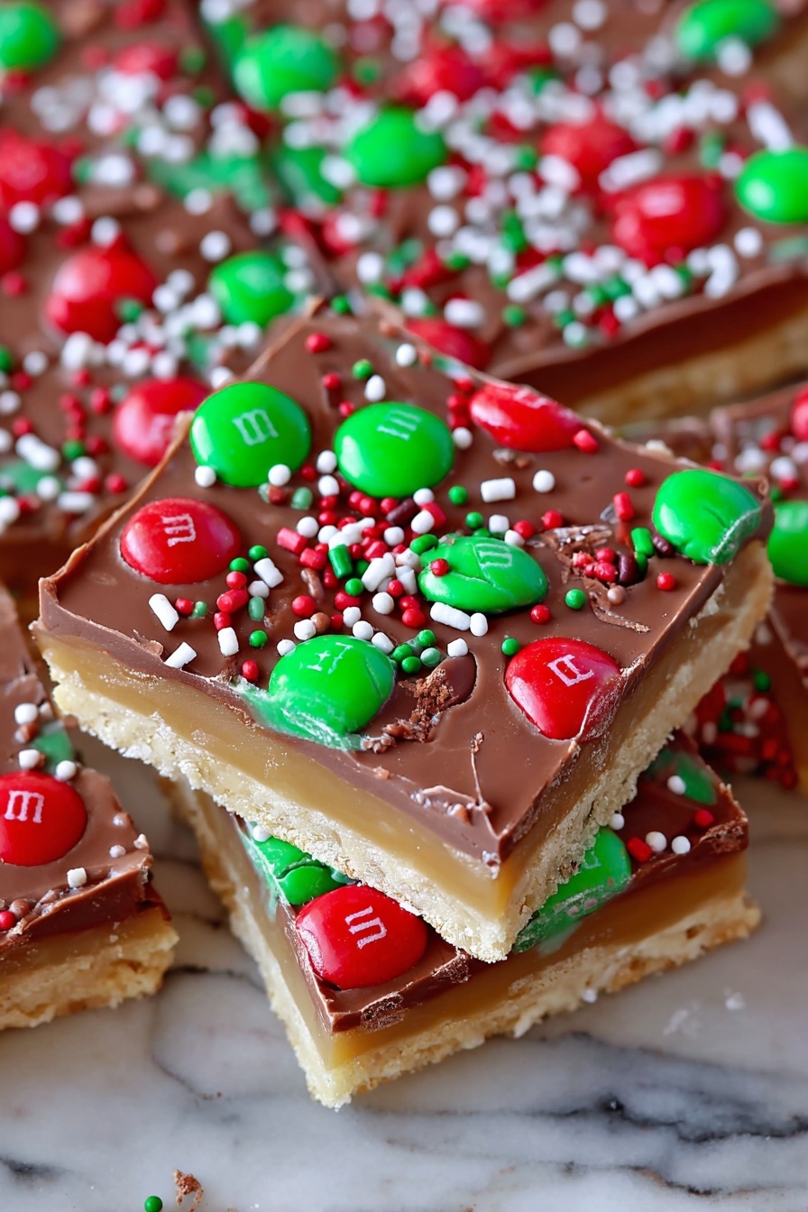 The image shows square candy bars with three clear layers: a pale cookie or cracker base at the bottom, a thick caramel layer in the middle, and a smooth milk chocolate layer on top. The chocolate surface is decorated with red and green M&M candies, some of which are whole and some are broken, along with small flat round sprinkles in red, green, and white scattered all over. The bars are stacked slightly unevenly on a white marbled surface, with the top bar in clear focus showing the layers and candy details up close. photo taken with an iphone --ar 2:3 --v 7 - Saltine Toffee Crisps, easy saltine toffee candy, buttery toffee crackers, sweet salty toffee dessert, quick no-bake treats