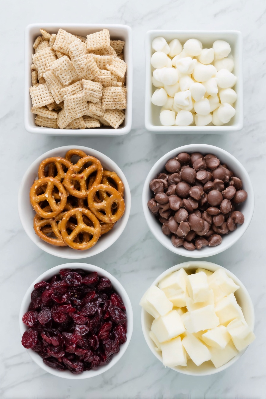 Flat lay of a small mound of rice Chex cereal, a neat pile of Cheerios, a small cluster of twisted pretzels, a handful of colorful M&M candies, a small bowl filled with plump dried cranberries, and a small white ceramic bowl containing smooth white chocolate chips, all arranged symmetrically on a clean white marble surface, soft natural light, photo taken with an iPhone, professional food photography style, fresh ingredients, white ceramic bowls, no bottles, no duplicates, no utensils, no packaging --ar 2:3 --v 7 --p m7354615311229779997 - White Chocolate Snack Mix, White Chocolate Snack Mix recipe, sweet salty snack mix, easy holiday treat, quick party snack