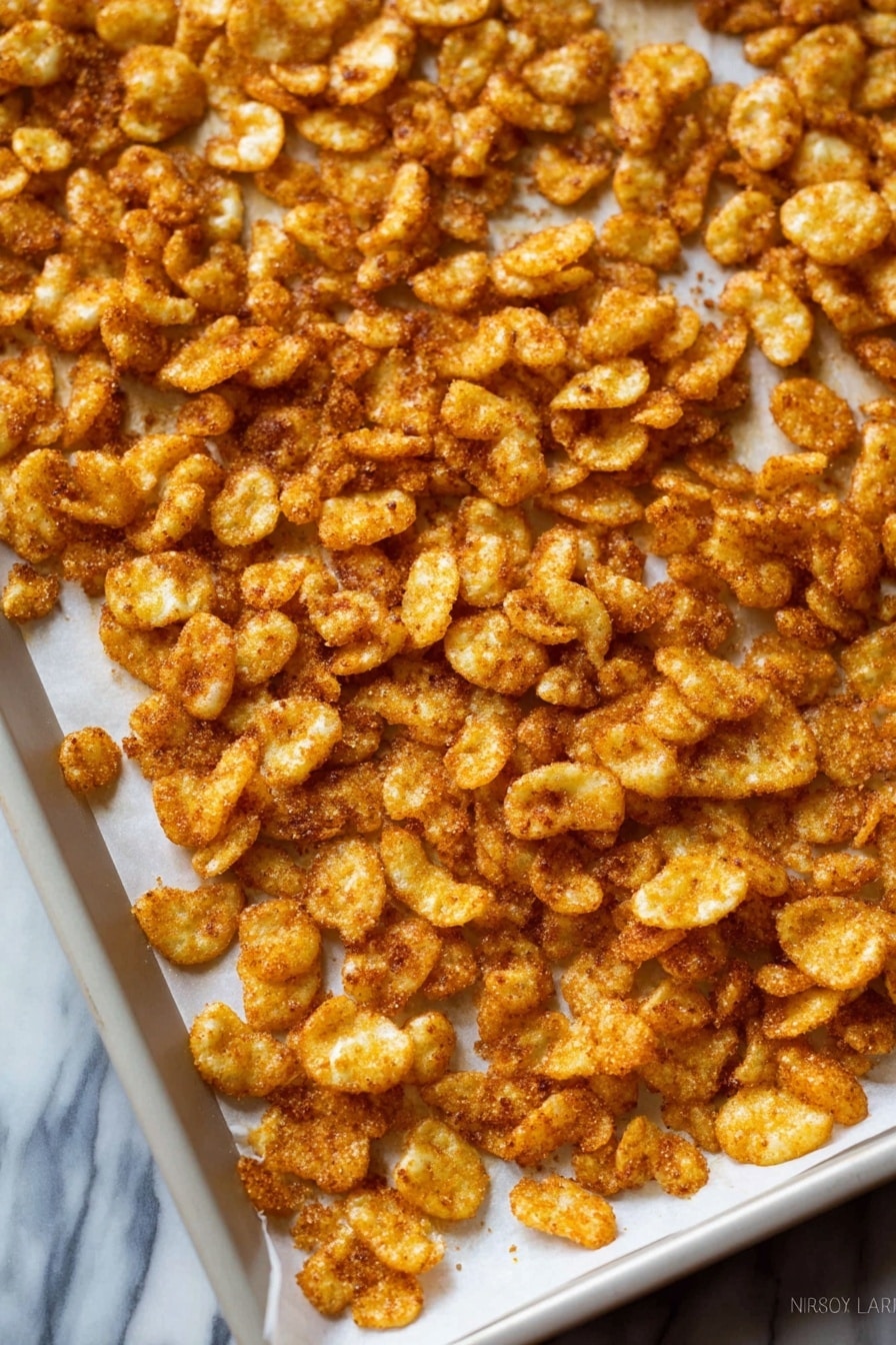 The image shows a white baking tray filled with small, irregular shaped, golden brown crisps spread unevenly across a white parchment paper lining. The crisps have a crunchy texture with some darker edges, giving a toasted look, and they cover most of the surface with some gaps near the edges of the tray. The background surface is a white marbled texture, providing a clean contrast to the warm tones of the crisps. photo taken with an iphone --ar 2:3 --v 7 - Caramel Puff Corn Snack, caramel puff corn, sweet and salty snack, homemade caramel popcorn, easy puff corn treat