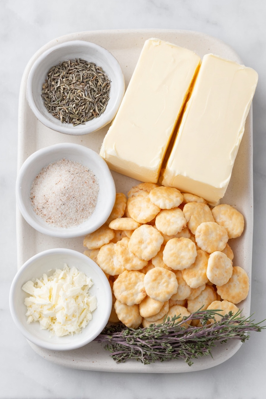Flat lay of two whole sticks of unsalted butter on a simple white ceramic plate, a small white bowl filled with fine ranch seasoning powder, a small white bowl containing lemon pepper spice blend, a small white bowl holding dried dill weed, a small white bowl with garlic powder, and a generous pile of fresh, lightly golden oyster crackers arranged neatly on a simple white ceramic dish, all placed on a clean white marble surface, soft natural light, photo taken with an iPhone, professional food photography style, fresh ingredients, white ceramic bowls, no bottles, no duplicates, no utensils, no packaging --ar 2:3 --v 7 --p m7354615311229779997 - Ranch Oyster Crackers, Easy snack recipes, Party snack ideas, No-bake cracker snacks, Savory snack recipes