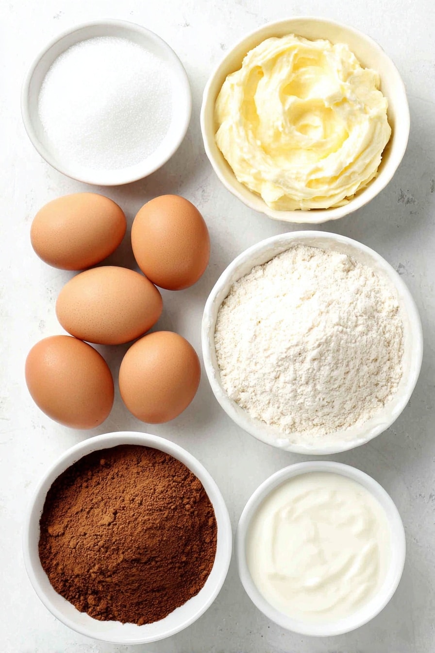 Flat lay of six whole uncracked brown eggs, a small white bowl of granulated sugar, a small white bowl of heavy whipping cream, a small white bowl of milk, a small white bowl containing ground nutmeg, a small white bowl with a pinch of salt, a small white bowl of vanilla extract, and a small white bowl of ground cinnamon placed symmetrically on a clean white ceramic surface, placed on a clean white marble surface, soft natural light, photo taken with an iPhone, professional food photography style, fresh ingredients, white ceramic bowls, no bottles, no duplicates, no utensils, no packaging --ar 2:3 --v 7 --p m7354615311229779997 - Homemade Eggnog, homemade eggnog recipe, festive eggnog, holiday eggnog, creamy eggnog