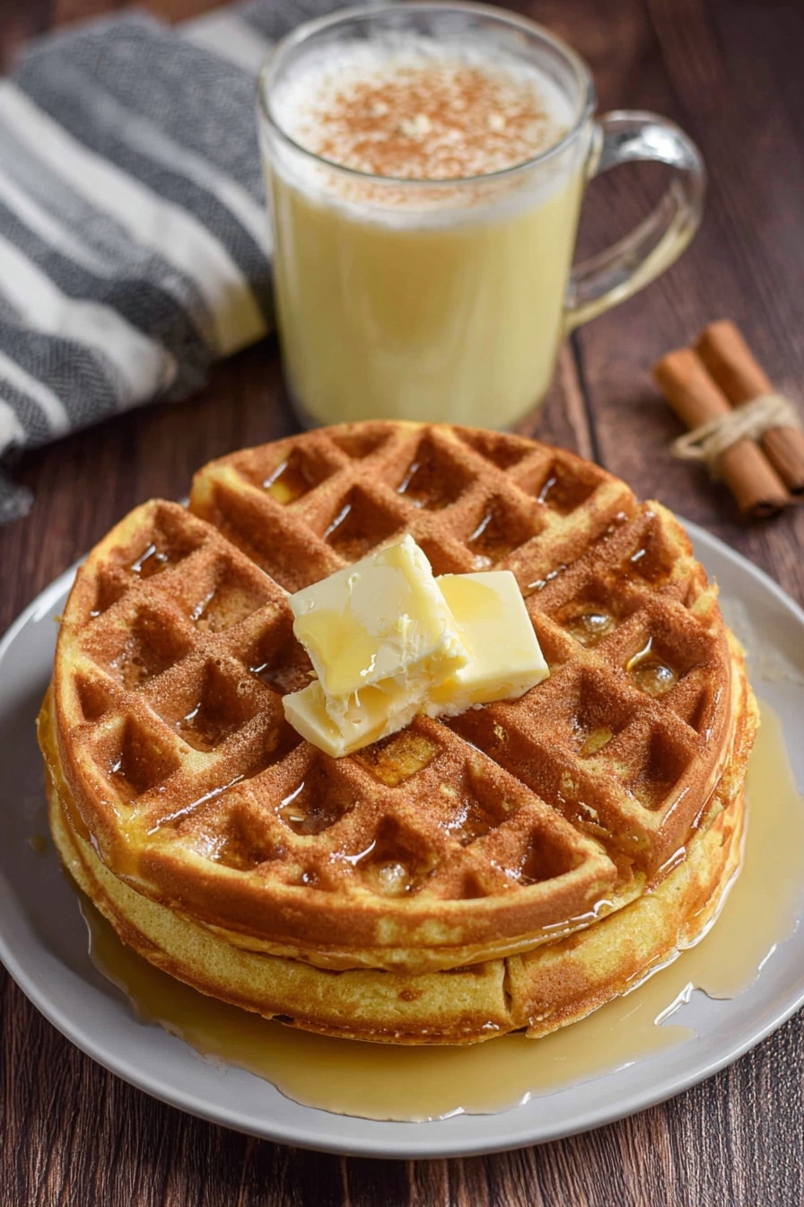 A stack of two golden brown round waffles sits on a white plate placed on a wooden surface. Each waffle has a grid texture with square pockets, and the top waffle is topped with two square slices of light yellow butter, slightly melted, with golden syrup drizzled over the waffles and pooling in the pockets. Beside the plate, there is a glass mug with a pale yellow creamy drink sprinkled with cinnamon on top, and part of a striped cloth napkin is visible in the background. Photo taken with an iphone --ar 2:3 --v 7 - Eggnog Waffles, holiday breakfast recipes, festive waffle ideas, Christmas brunch recipes, cozy holiday breakfast
