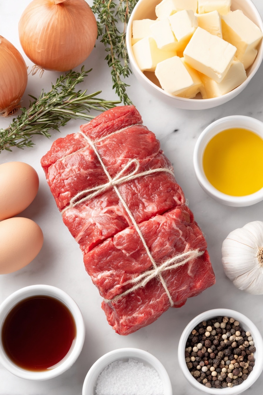 Flat lay of a whole raw beef tenderloin with ends folded over and tied with twine, two whole shallots with papery skins intact, three fresh thyme sprigs, four uncracked brown eggs, four fresh rosemary sprigs loosely placed, four whole garlic cloves with skins on, a small white ceramic bowl of unsalted butter cubes, a small white ceramic bowl filled with deep red wine, a small white ceramic bowl of rich beef broth, a small white ceramic bowl of golden olive oil, a small white ceramic bowl with coarse sea salt crystals, a small white ceramic bowl of mixed black peppercorns, arranged in perfect symmetry on a clean white marble surface, soft natural light, photo taken with an iPhone, professional food photography style, fresh ingredients, white ceramic bowls, no bottles, no duplicates, no utensils, no packaging --ar 2:3 --v 7 --p m7354615311229779997 - Beef Tenderloin with Red Wine Sauce, fancy beef dinner, gourmet beef recipe, easy red wine sauce, special occasion beef dish