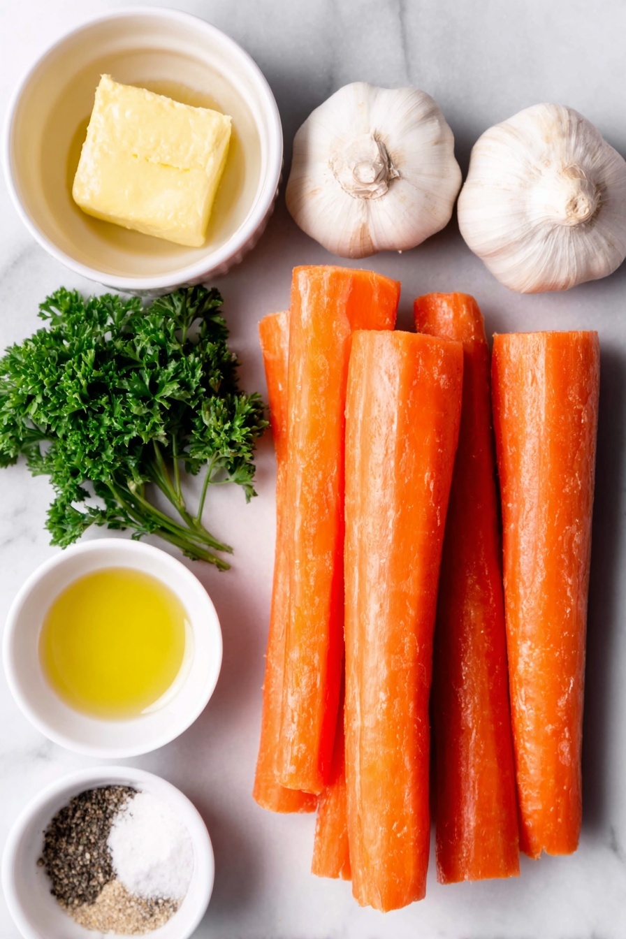 Flat lay of fresh peeled orange carrots cut into diagonal segments, a small white bowl of loosely packed golden brown sugar, two whole uncracked garlic bulbs, a small white bowl of melted golden butter, a small white bowl of clear olive oil, a small white bowl of fine white salt, a small white bowl of cracked black pepper, and a few sprigs of fresh green parsley all arranged with perfect symmetry, each ingredient natural and fresh, placed on a clean white marble surface, soft natural light, photo taken with an iPhone, professional food photography style, fresh ingredients, white ceramic bowls, no bottles, no duplicates, no utensils, no packaging --ar 2:3 --v 7 --p m7354615311229779997 - Brown Sugar Roasted Carrots, caramelized carrot side dish, easy roasted vegetable recipe, sweet roasted carrots, healthy vegetable side