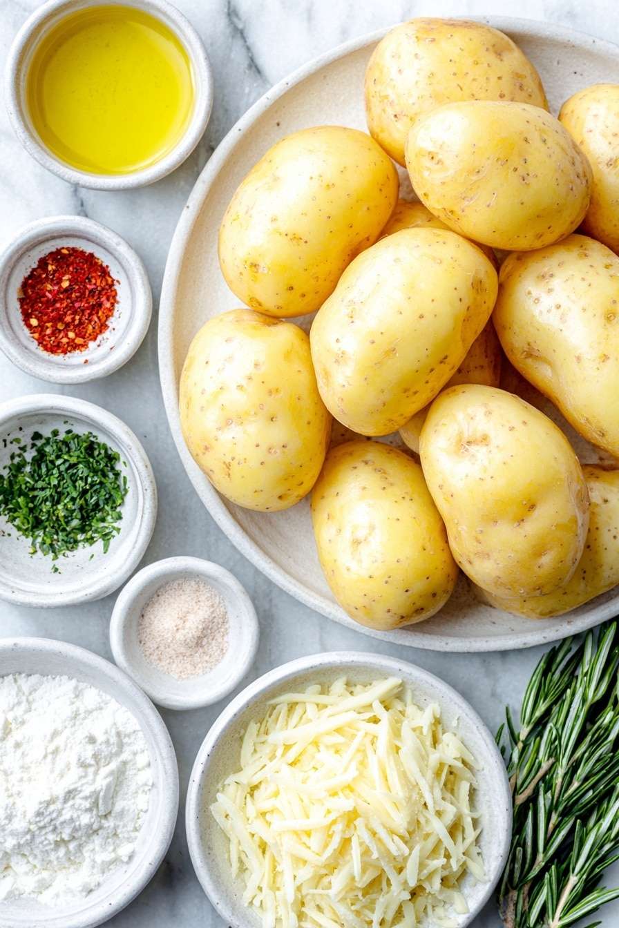 Flat lay of a cluster of fresh new potatoes with smooth skin, a small white ceramic bowl filled with golden olive oil, a neat heap of white cornstarch powder on the surface, a small white bowl containing freshly ground black pepper, another small white bowl with coarse kosher salt crystals, a pinch of vibrant red paprika powder arranged in a small white bowl, a small white bowl holding light beige garlic powder, a small white bowl with pale onion powder, a few sprigs of bright green minced fresh rosemary arranged neatly, a small white bowl piled with finely grated pale yellow Parmesan cheese, and a small scattering of freshly chopped vibrant green parsley leaves on a simple white ceramic plate — all ingredients fresh and natural, perfectly spaced with balanced symmetry — placed on a clean white marble surface, soft natural light, photo taken with an iPhone, professional food photography style, fresh ingredients, white ceramic bowls, no bottles, no duplicates, no utensils, no packaging --ar 2:3 --v 7 --p m7354615311229779997 - Garlic Rosemary Roast Potatoes, crispy roast potatoes, herby garlic roast potatoes, easy side dish recipes, flavorful roast potatoes