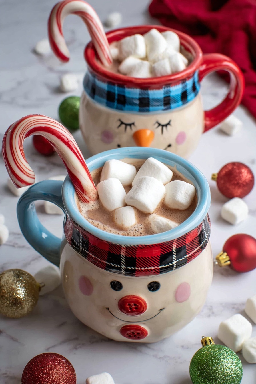 Two festive snowman mugs filled with light brown hot chocolate sitting on a white marbled surface. Each mug has a distinct design: the one in the front has a blue rim and handle, closed eyes with long lashes, an orange carrot nose, and a red and black plaid scarf painted on the body. It is topped with several white marshmallows and one large marshmallow leaning on the rim with a red and white striped candy cane hooked inside the mug. The mug in the back has a red rim and handle, open eyes, an orange carrot nose, a blue and black checkered scarf, and red buttons painted on the body. It is filled with marshmallows and also has a red and white candy cane inside. Around the mugs, there are scattered white marshmallows, some shiny red, green, and gold Christmas ornaments, and a red cloth in the background. Photo taken with an iphone --ar 2:3 --v 7 - Creamy Hot Chocolate with Marshmallows, cozy hot chocolate recipe, rich hot chocolate drink, easy hot chocolate with marshmallows, velvety hot chocolate
